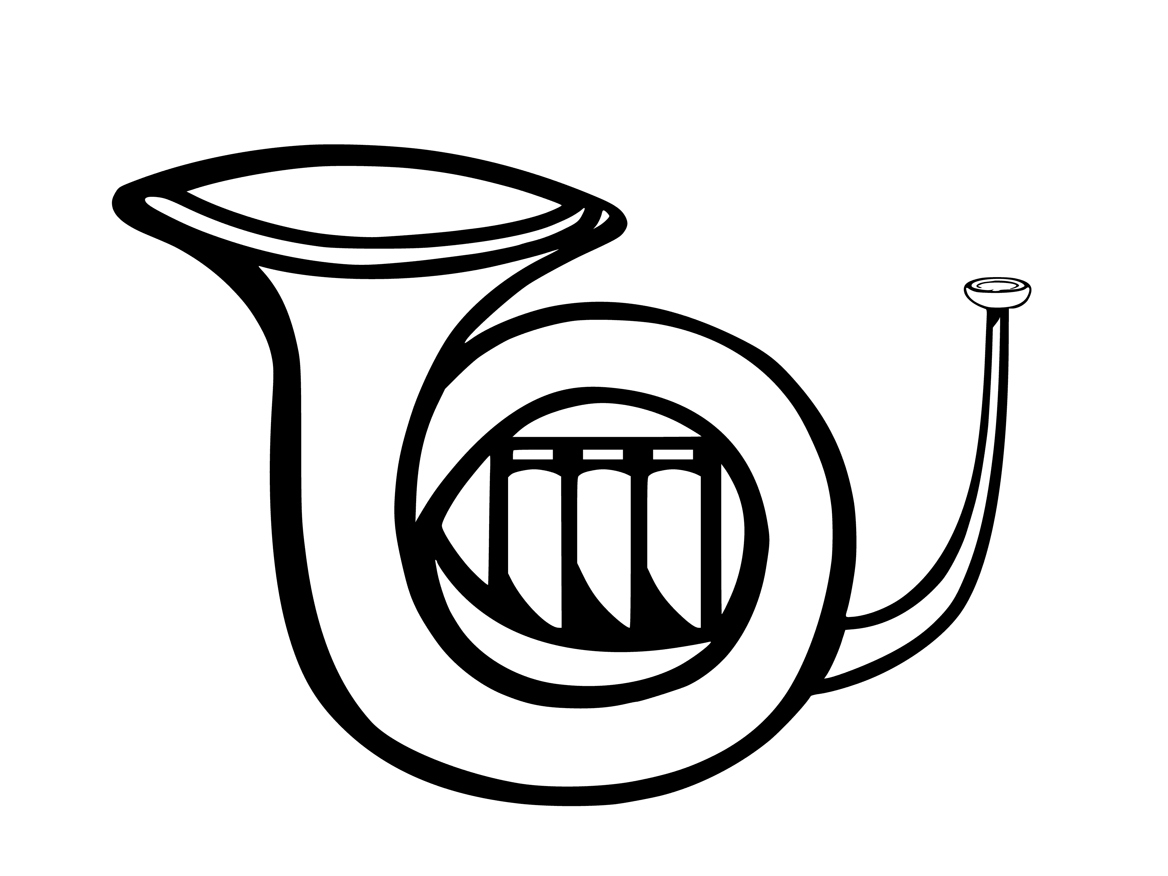 coloring page: French horn on black stand has long spiral, large brass bell, mouthpiece; held up by metal rod through center.