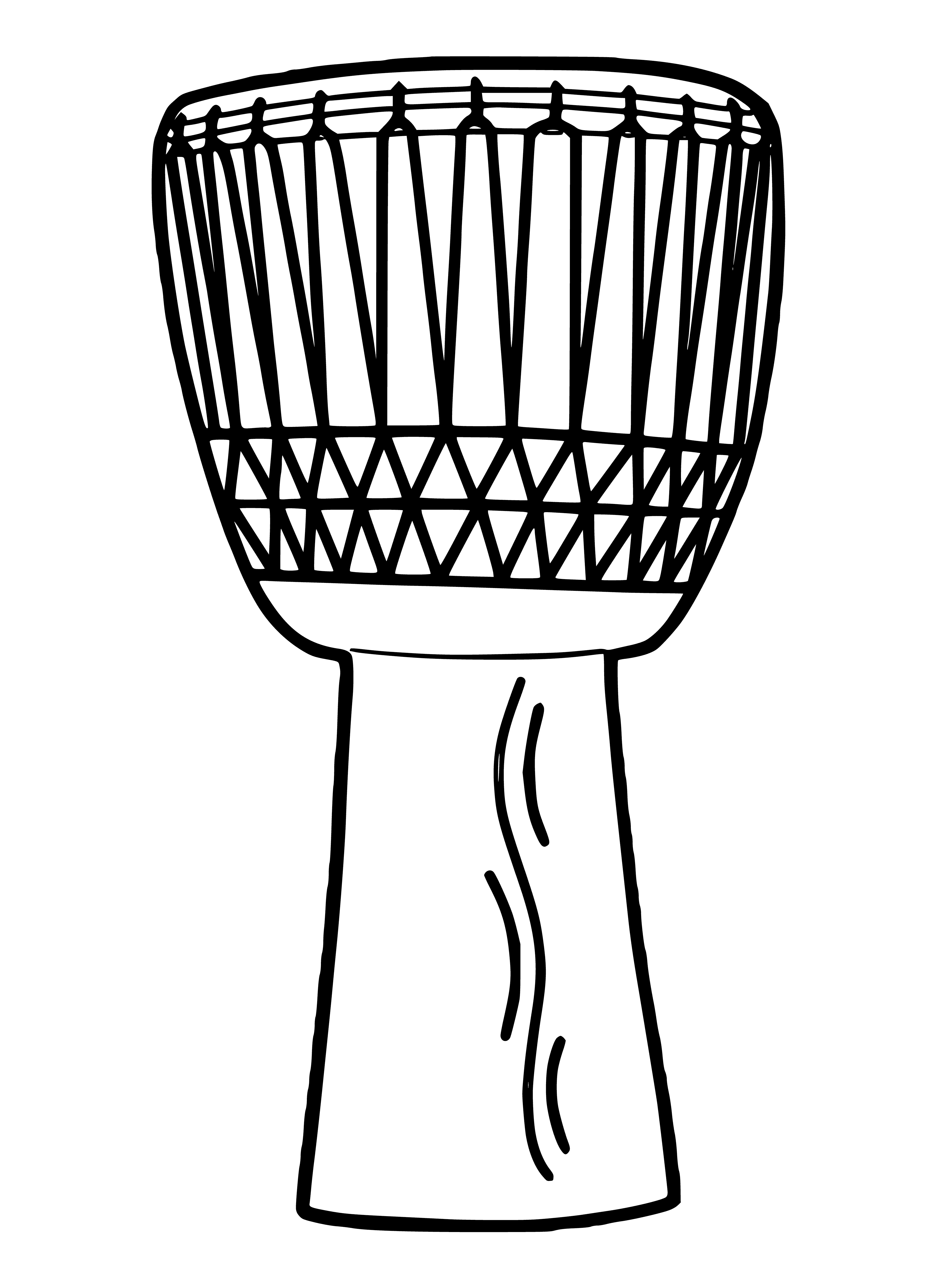 coloring page: Handheld drum played by striking it with hands, made of wooden frame and goat skin. Commonly used in traditional African music, gospel, jazz & reggae.