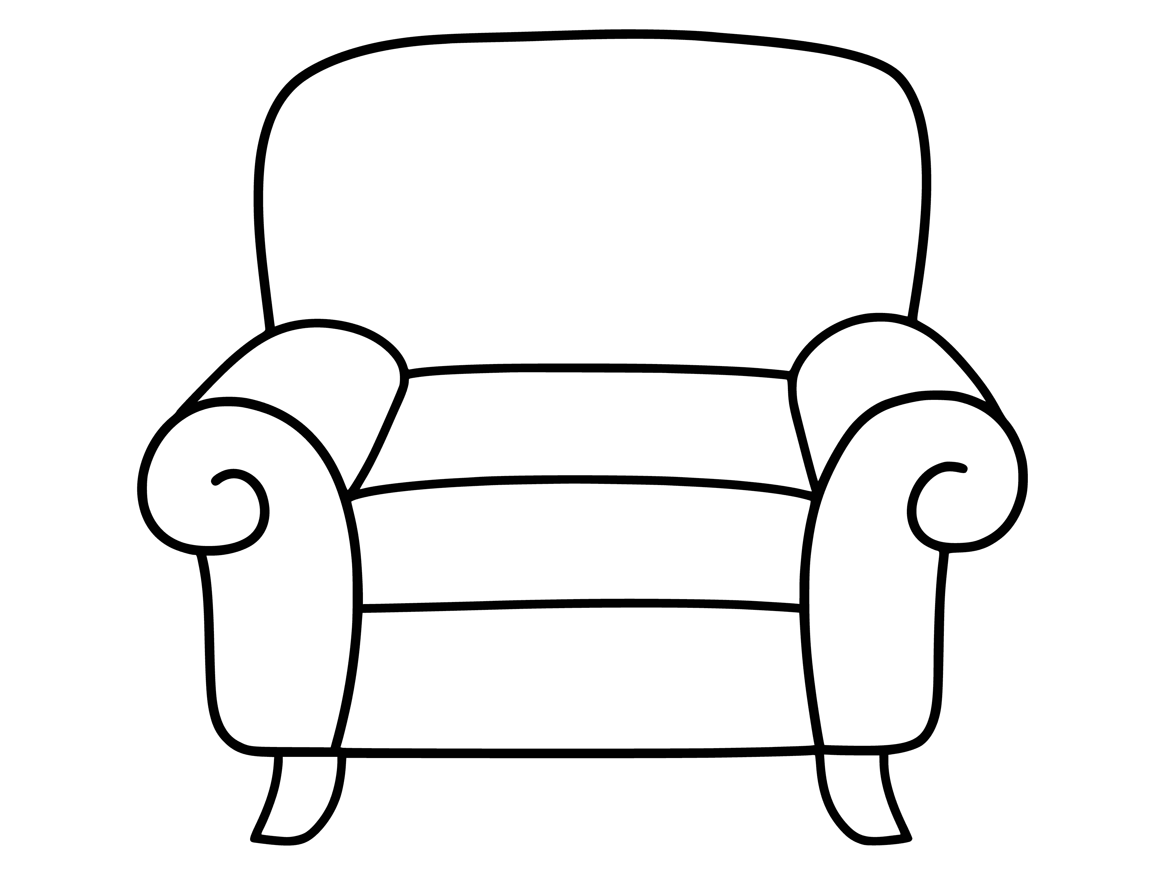 coloring page: Comfy armchair w/ high back, wood frame, dark green upholstery & 4 caster wheel legs. Matching pillow included.