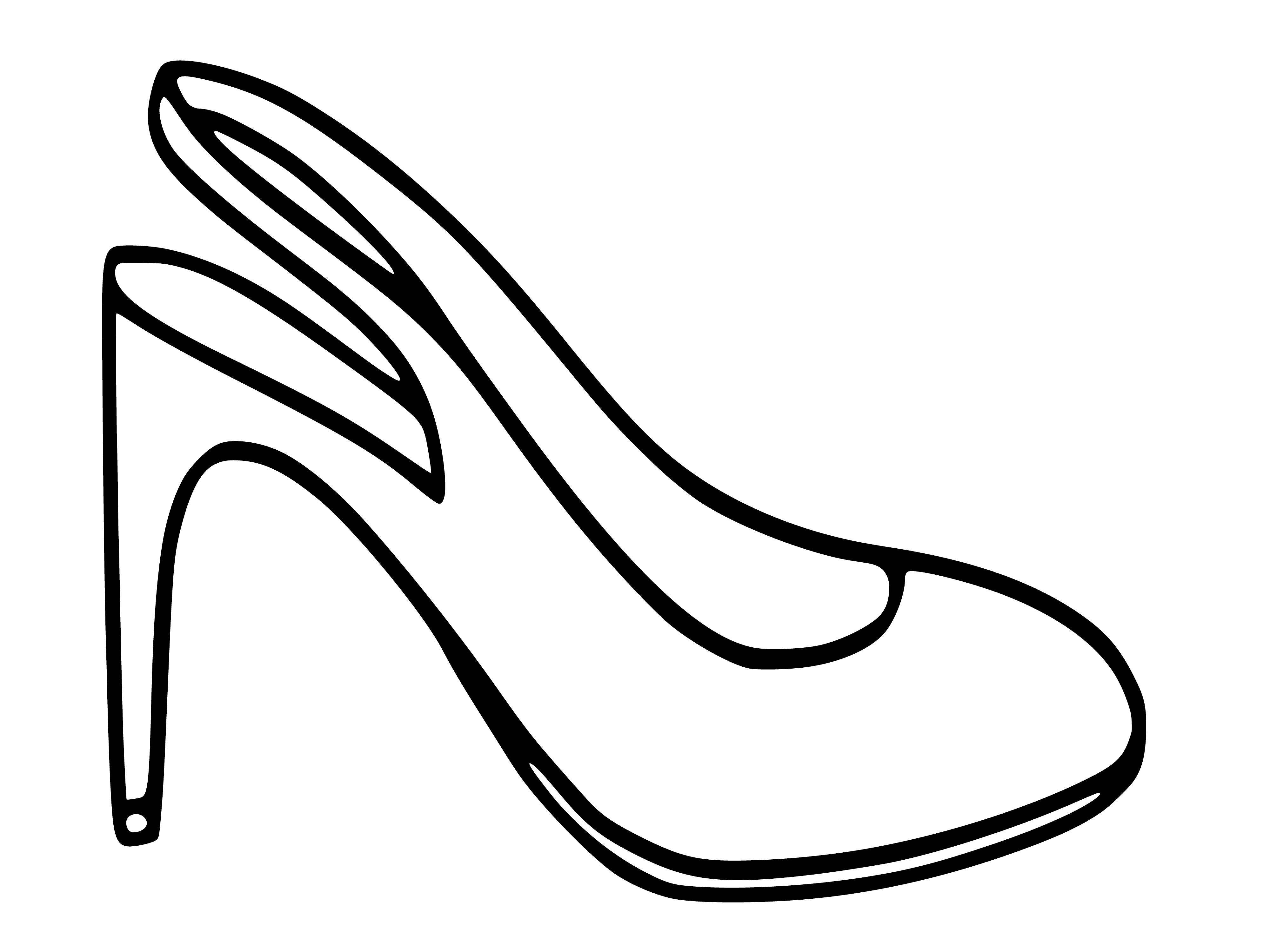 coloring page: A black, pointy-toed, leather heel with a strap across the top on a white background.