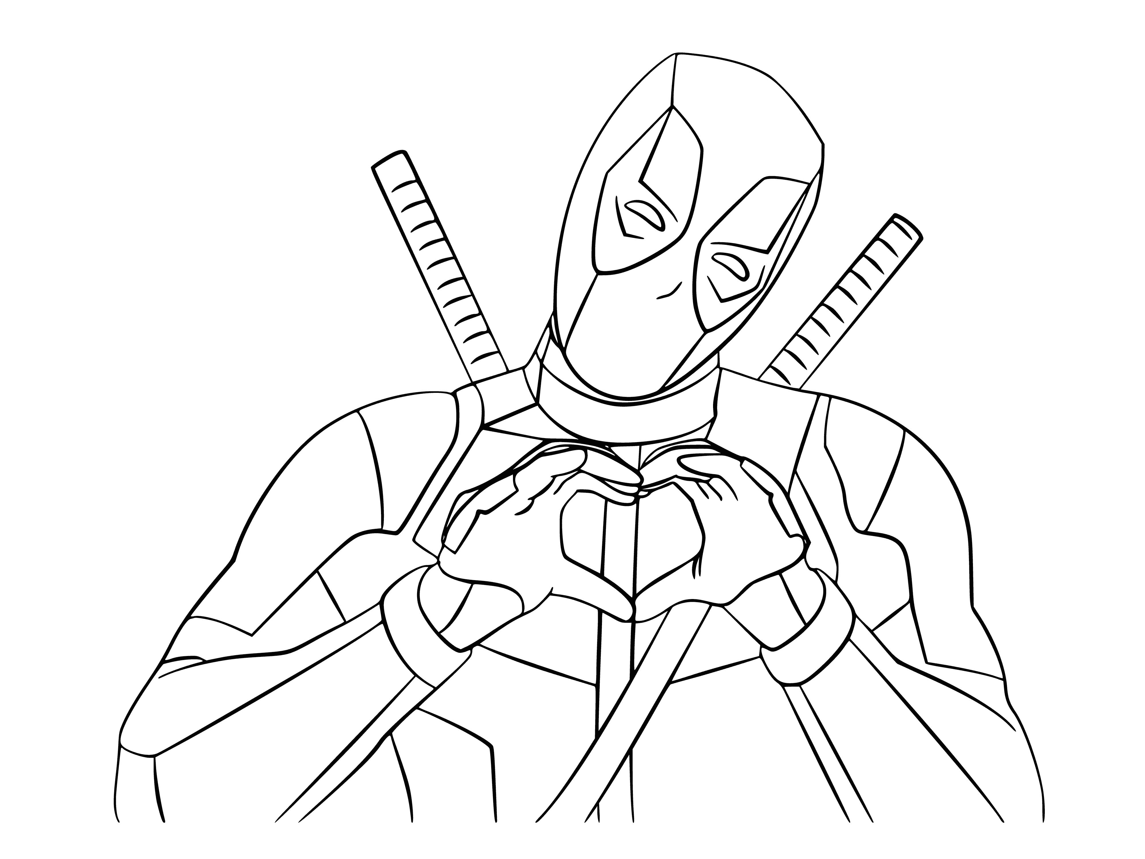 coloring page: Deadpool takes a blissful soak while surrounded by hearts - the perfect symbol of love!