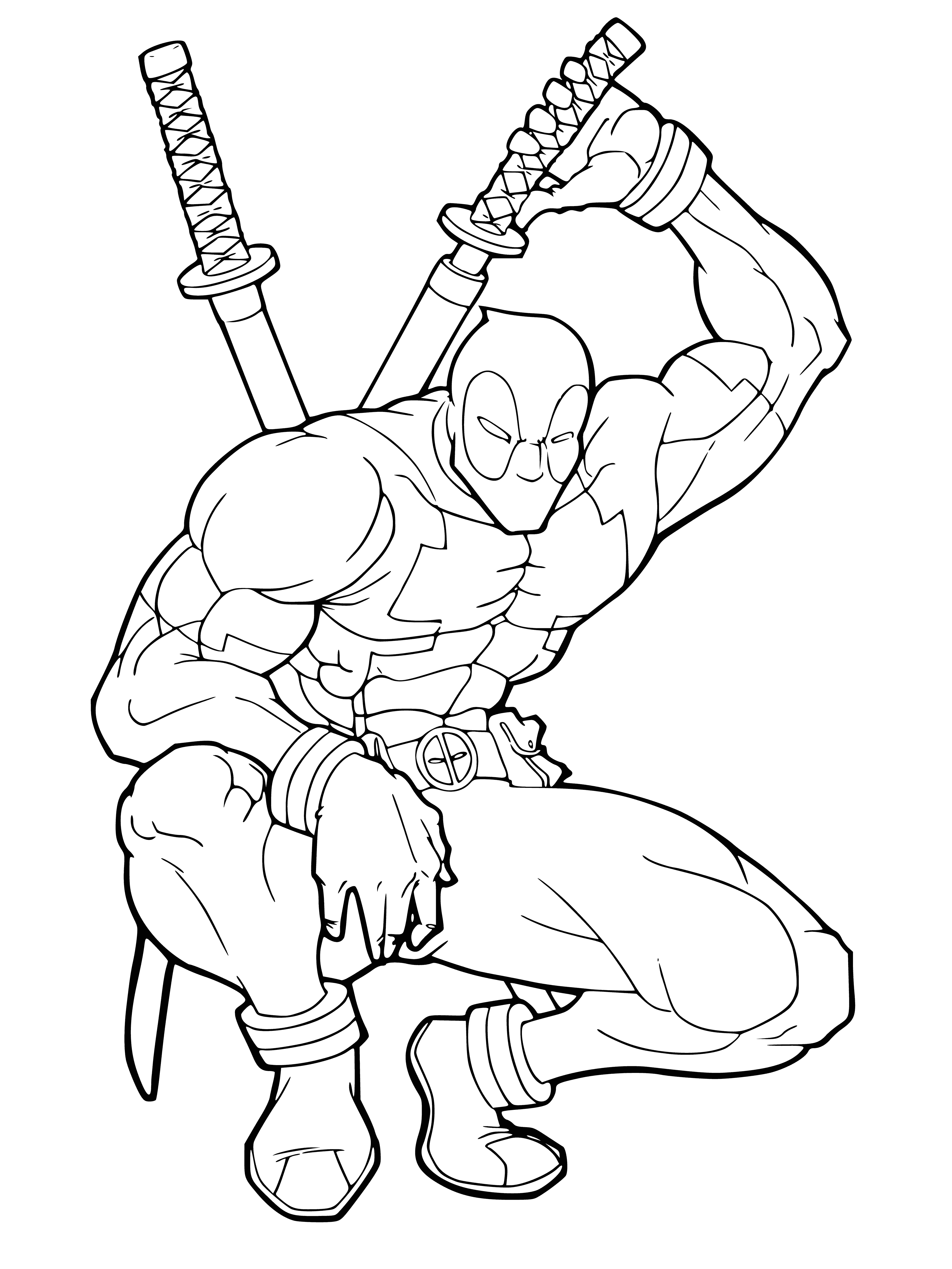coloring page: Deadpool is a disfigured anti-hero mercenary with superhuman abilities; he is known for his comic quips, fourth wall breaks and running gags.