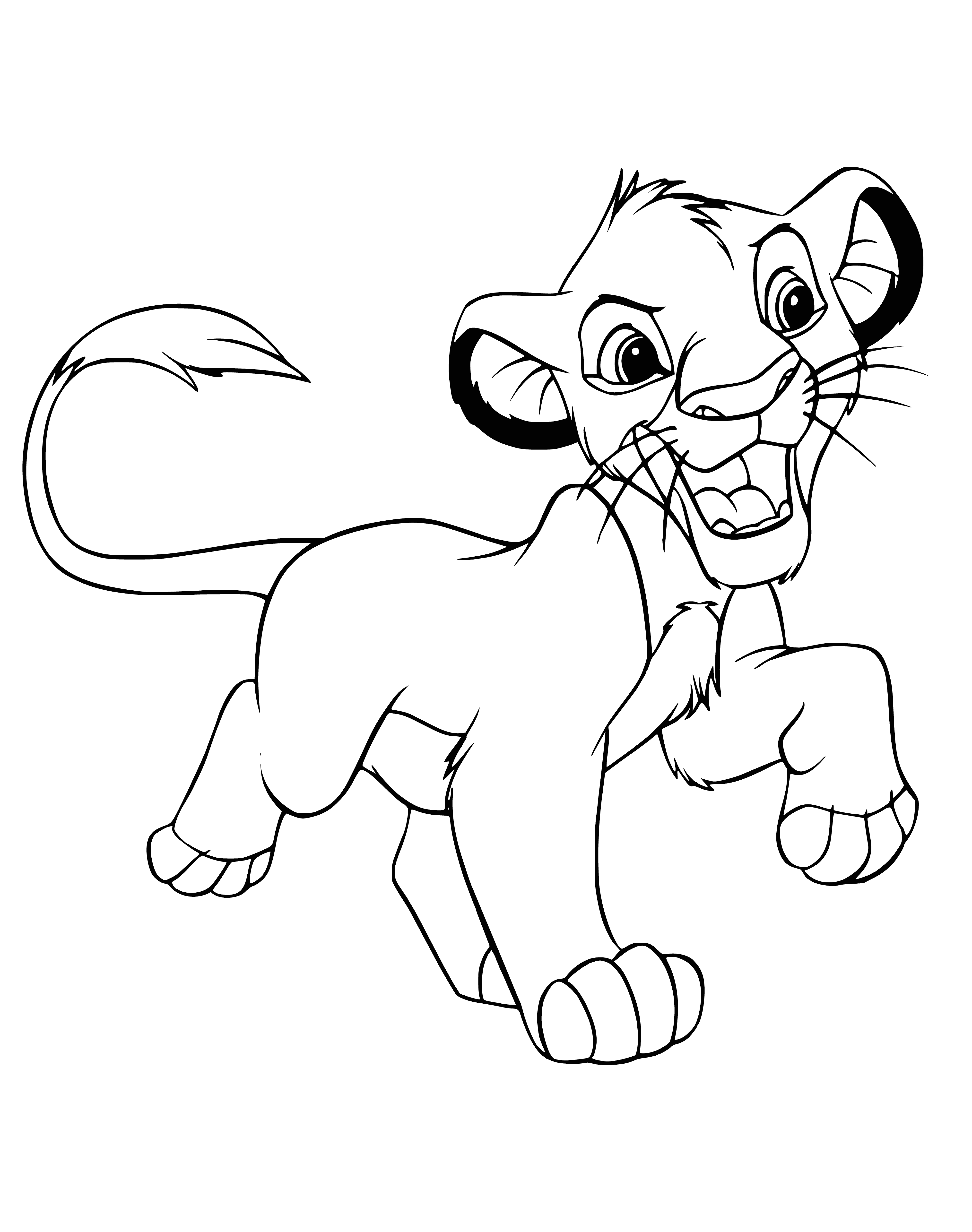 coloring page: Baby Simba lies on back, head turned left, open mouth, big eyes, mane, four legs, and tail.