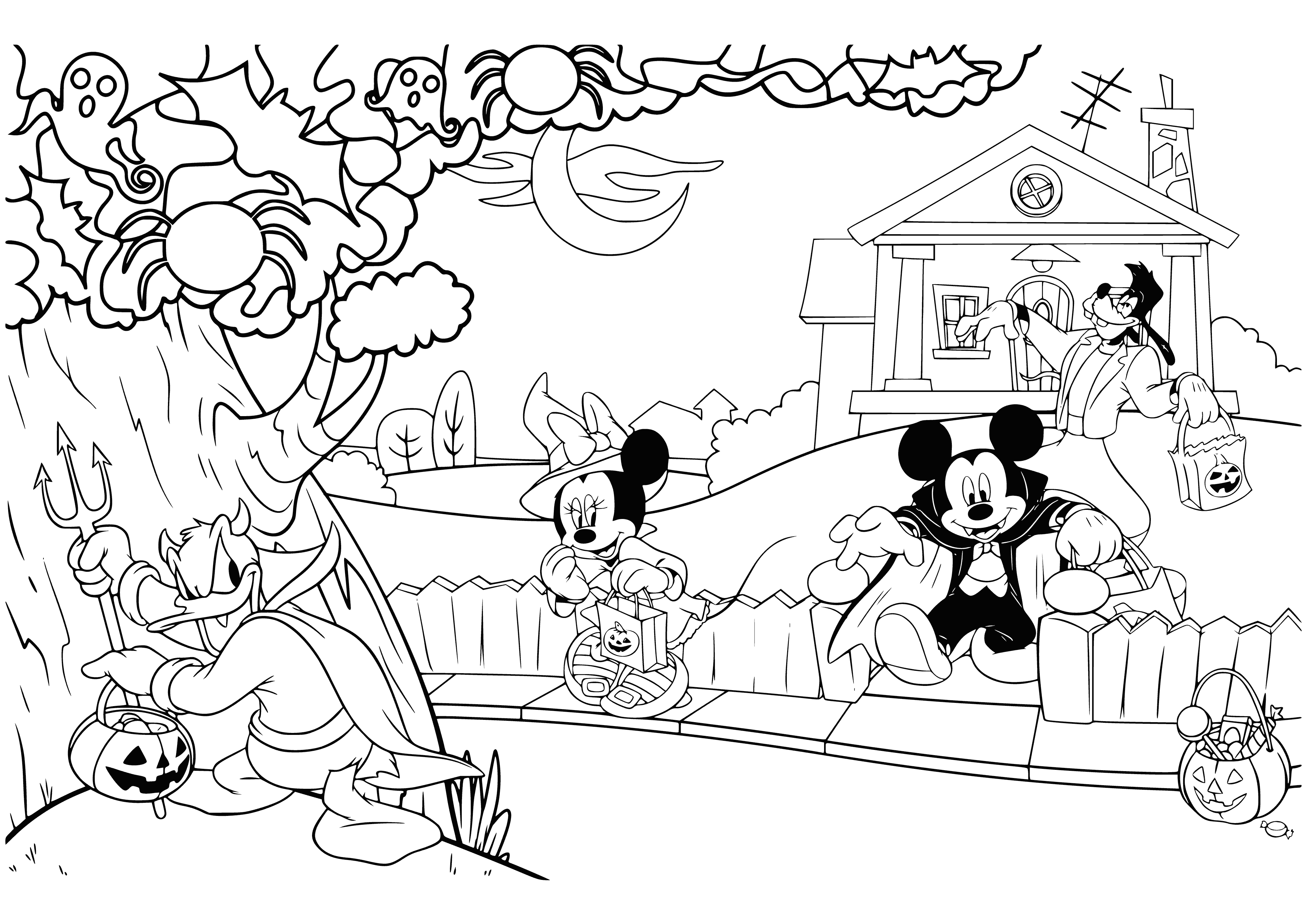 coloring page: Mickey and friends celebrate Halloween in their costumes ready to go trick-or-treating, having a great time! #halloween