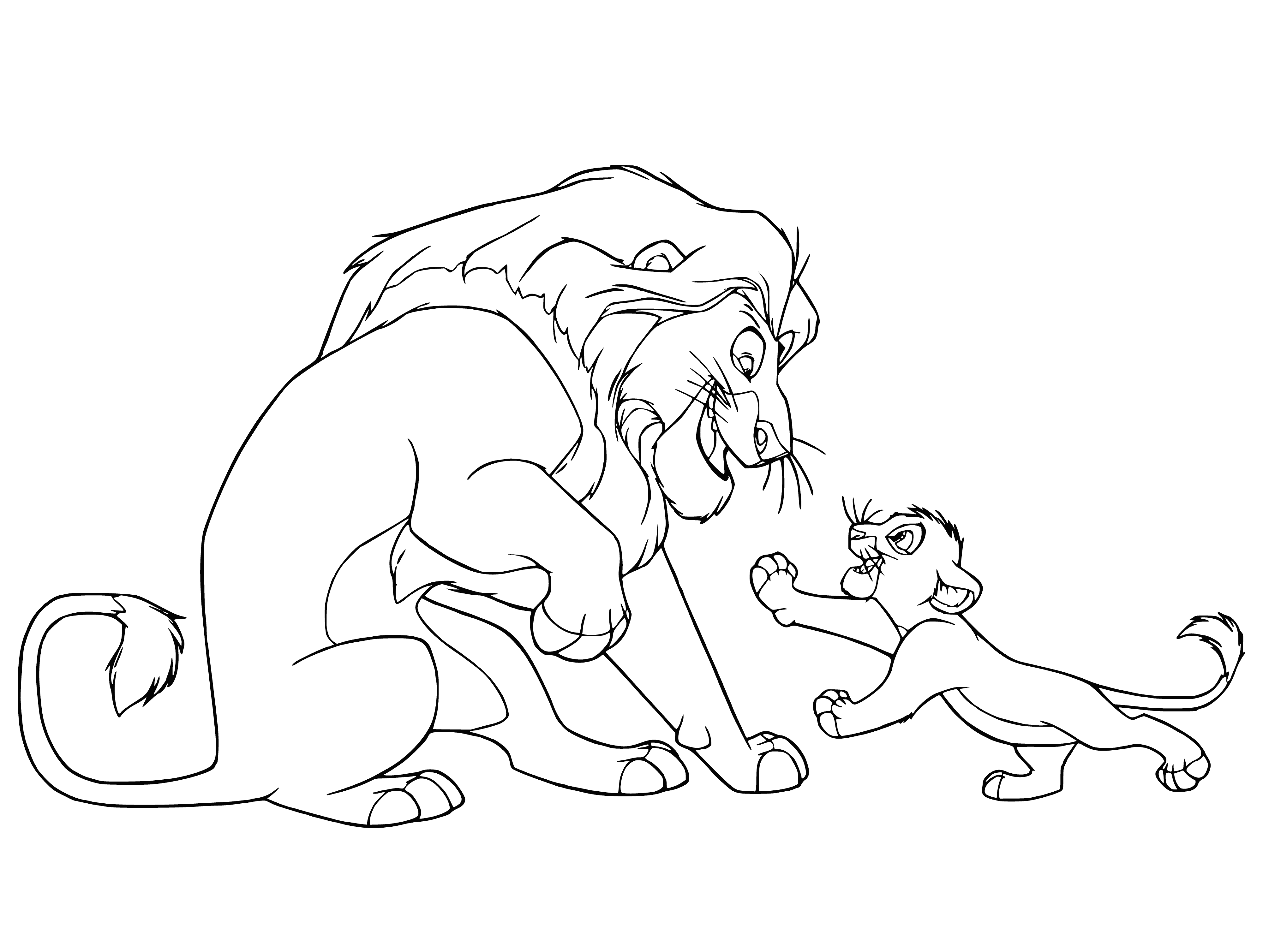coloring page: Two lions, one large and one small, are interacting in a coloring page. Both have yellow eyes and different colored manes. #coloringpages