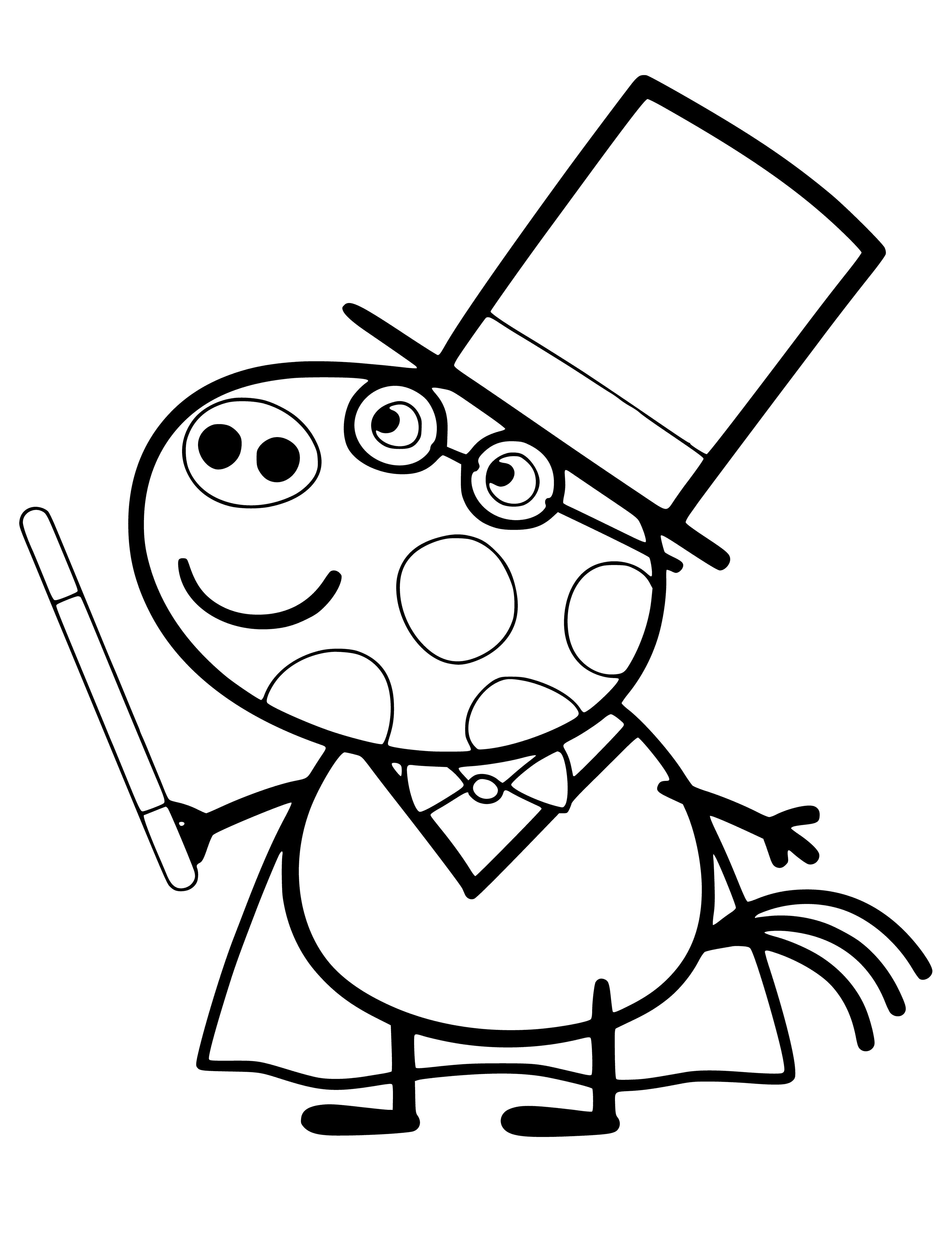 coloring page: Pig in wizard costume amazes children with magic and enthusiasm.