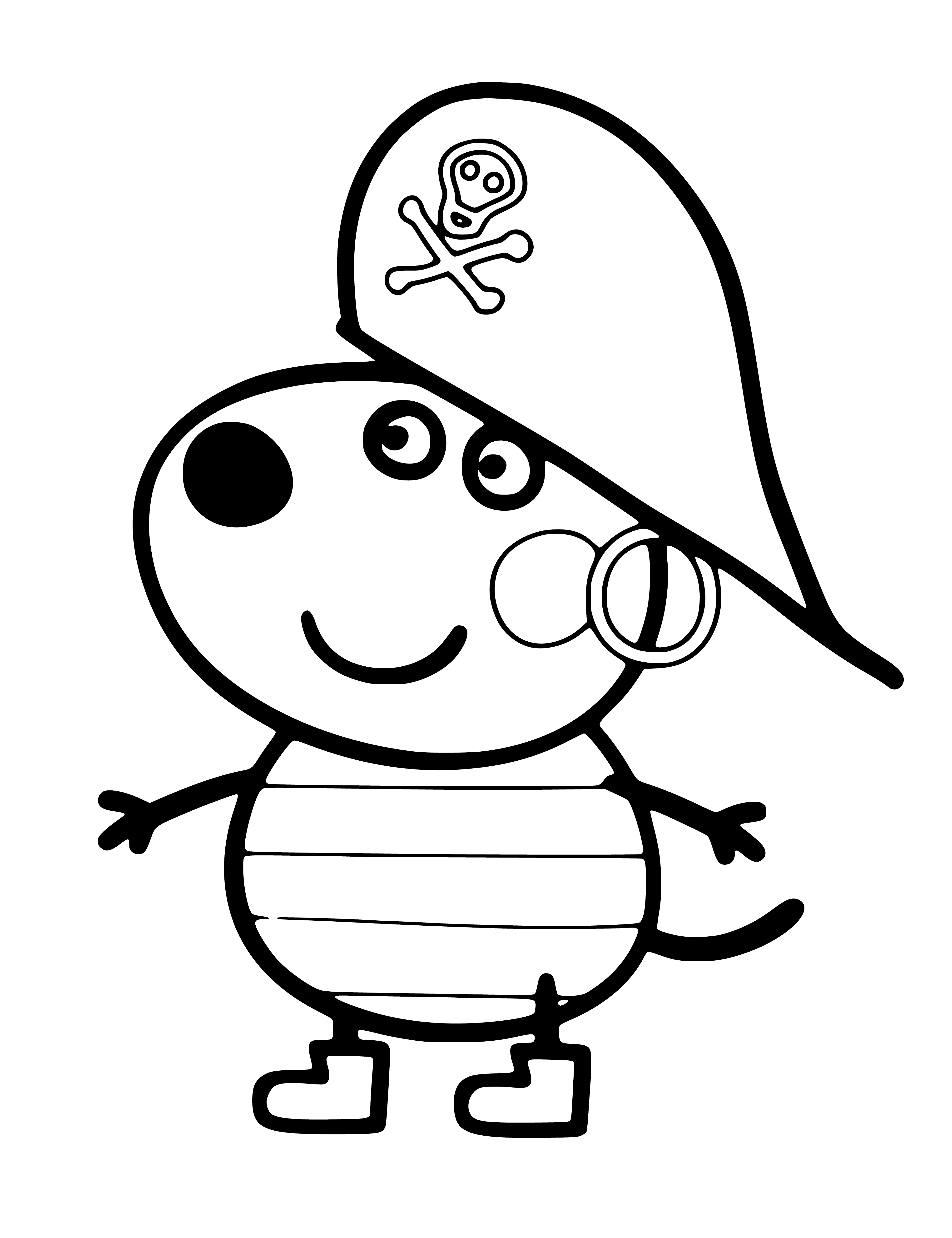coloring page: Danny dog dressed like a pirate, wearing eye patch and sword, stands before a treasure chest.