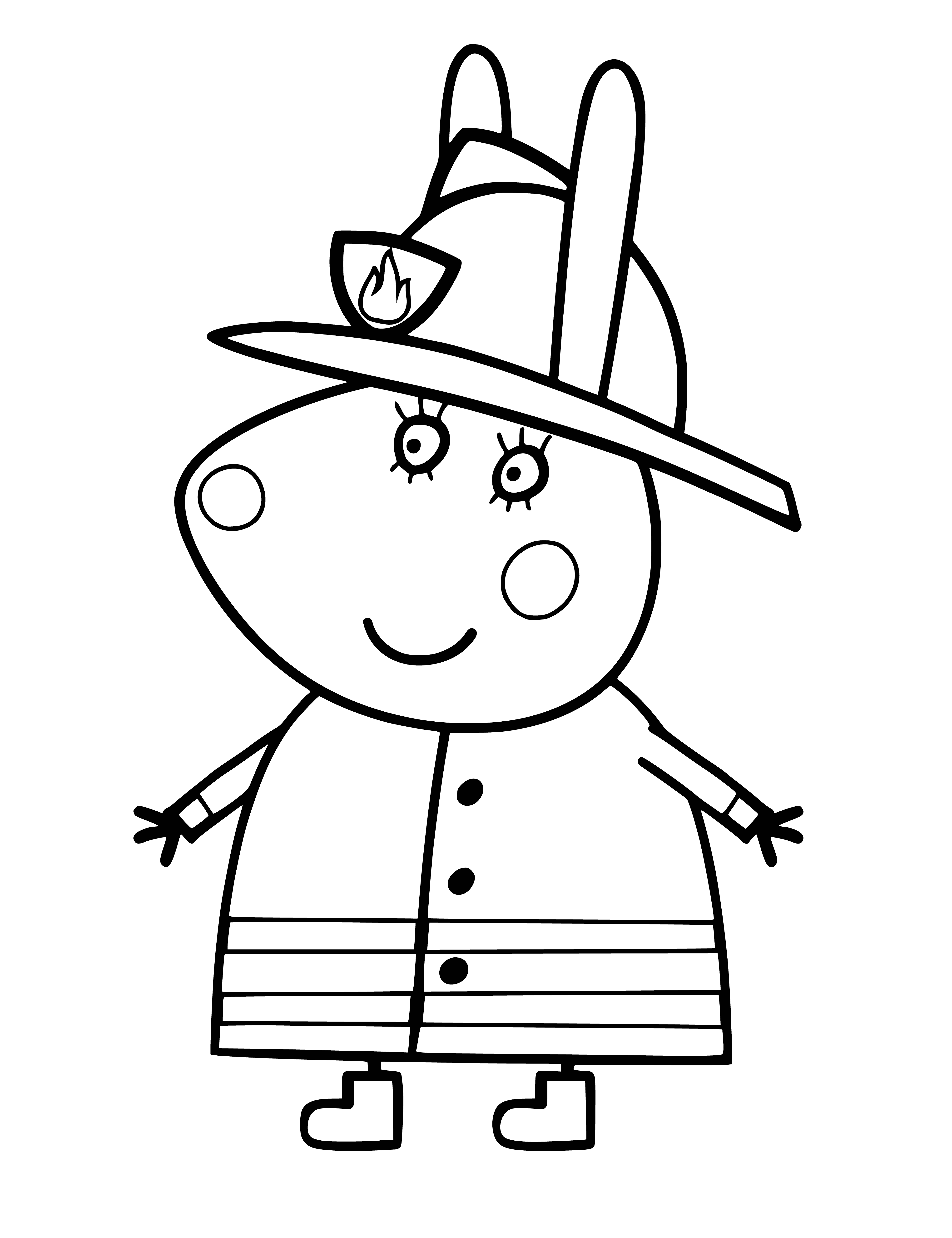 coloring page: Miss Rabbit is Peppa's teacher. Wears purple dress, white flower, has books & blackboard with carrot coloring page.
