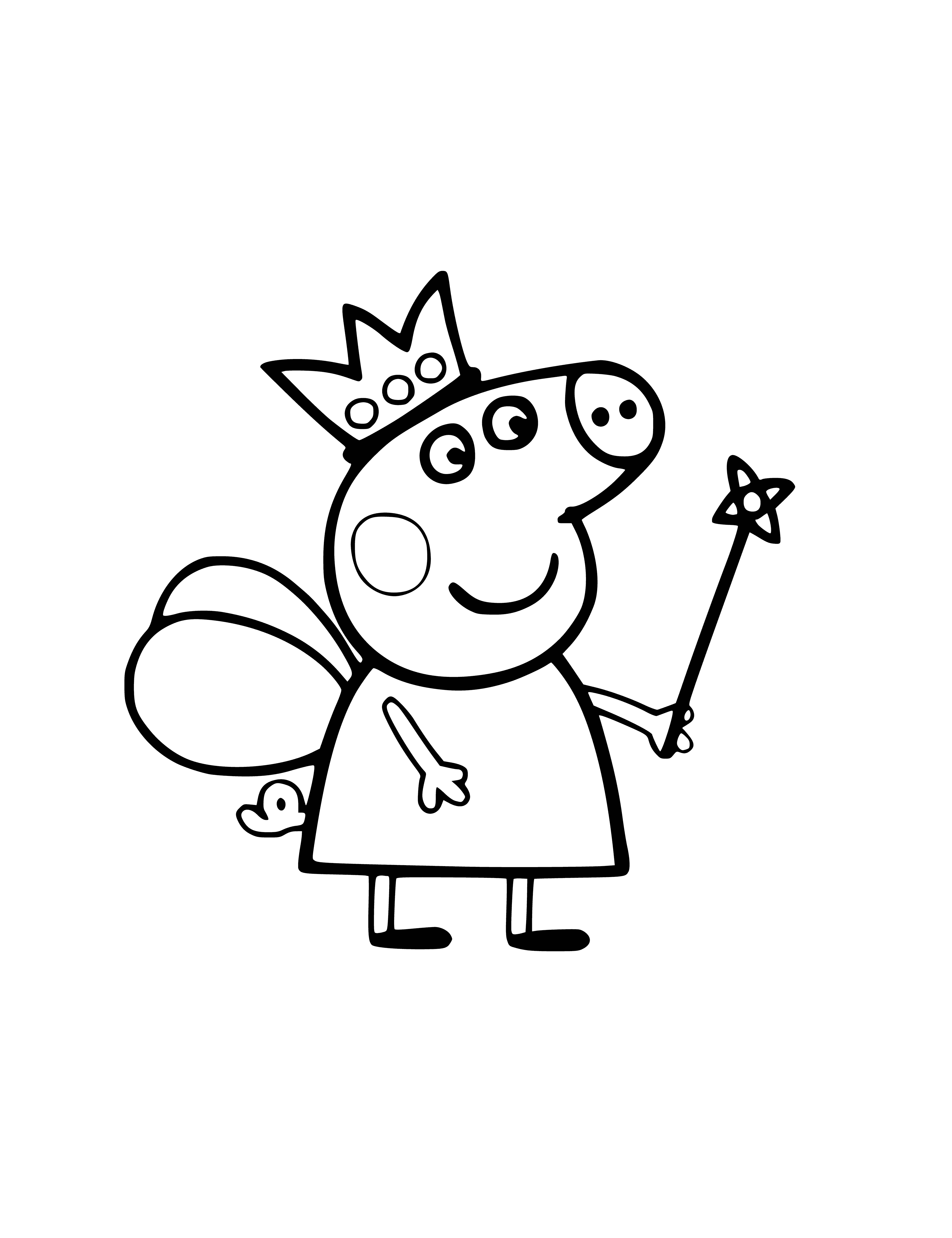 coloring page: Peppa Pig is a flying fairy with a pink dress, wings, and wand.