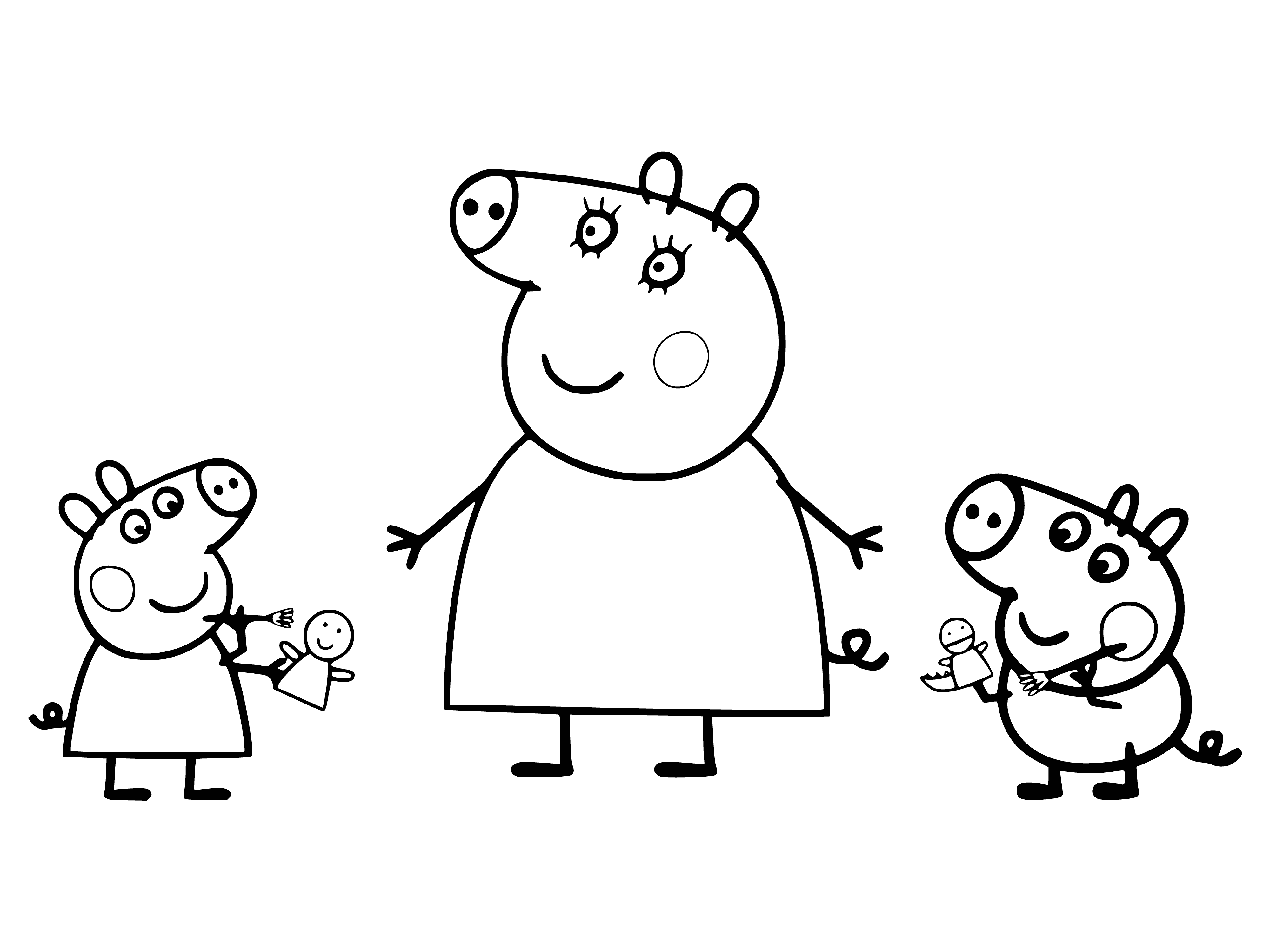 coloring page: 3 pinks skin pigs: Peppa, Mom & George. Peppa's dress is frilly, Mom's plain, George wears shorts. George drives a blue car, Peppa and Mom standing beside it.