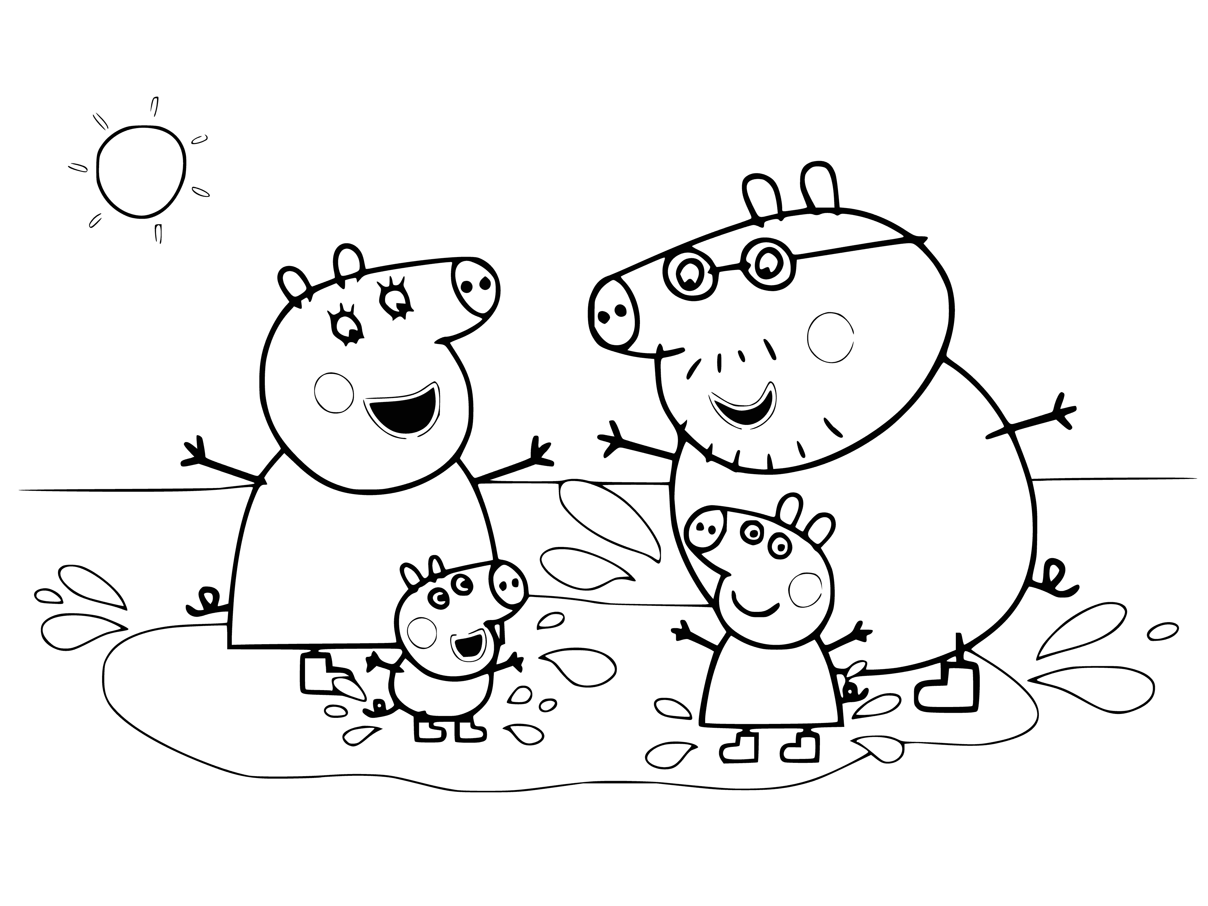 coloring page: Peppa Pig is playing in the rain with her raincoat & boots, splashing in the puddles and having fun.