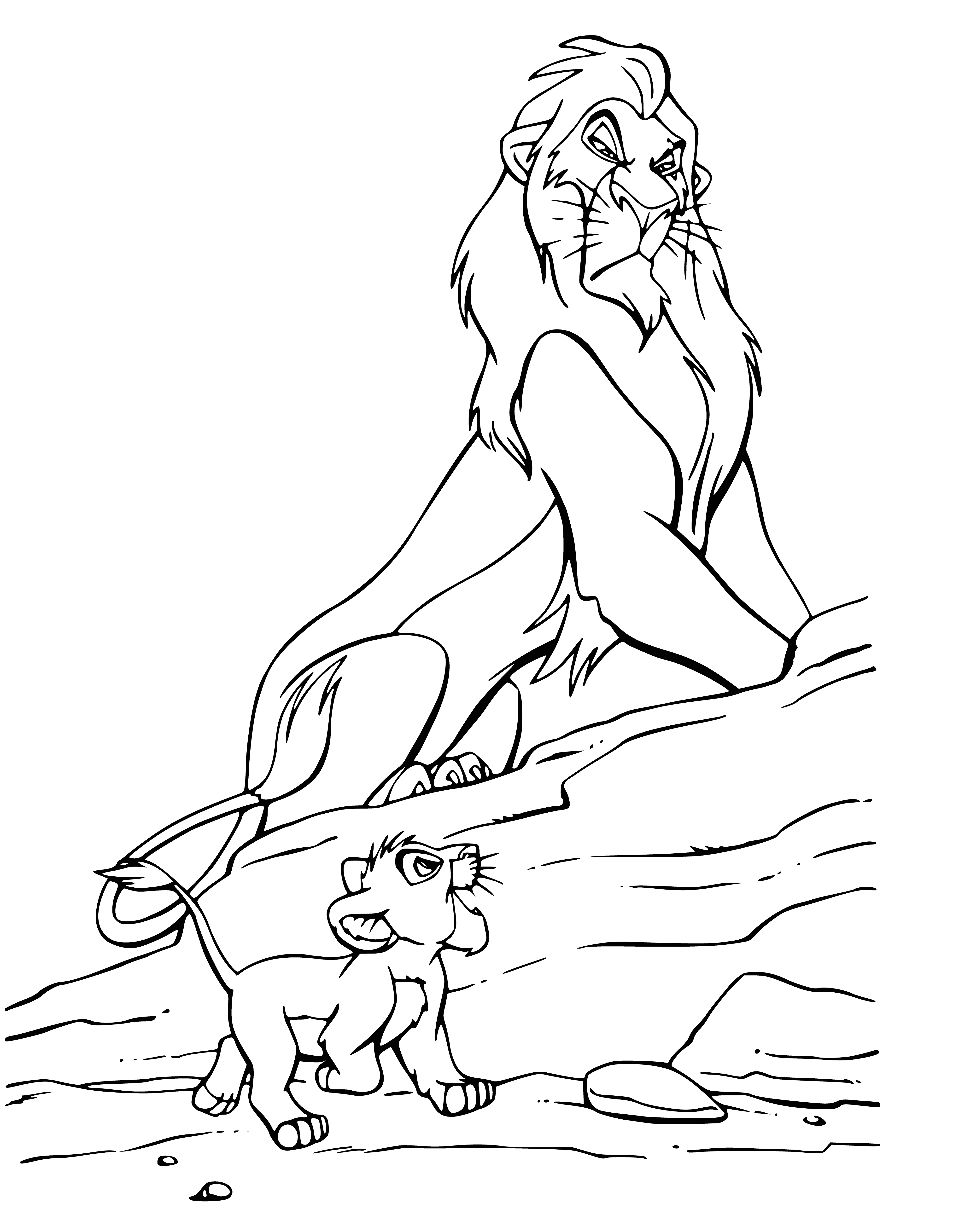 coloring page: Scar, a lion with a scarred face, kills Simba in a dramatic scene.