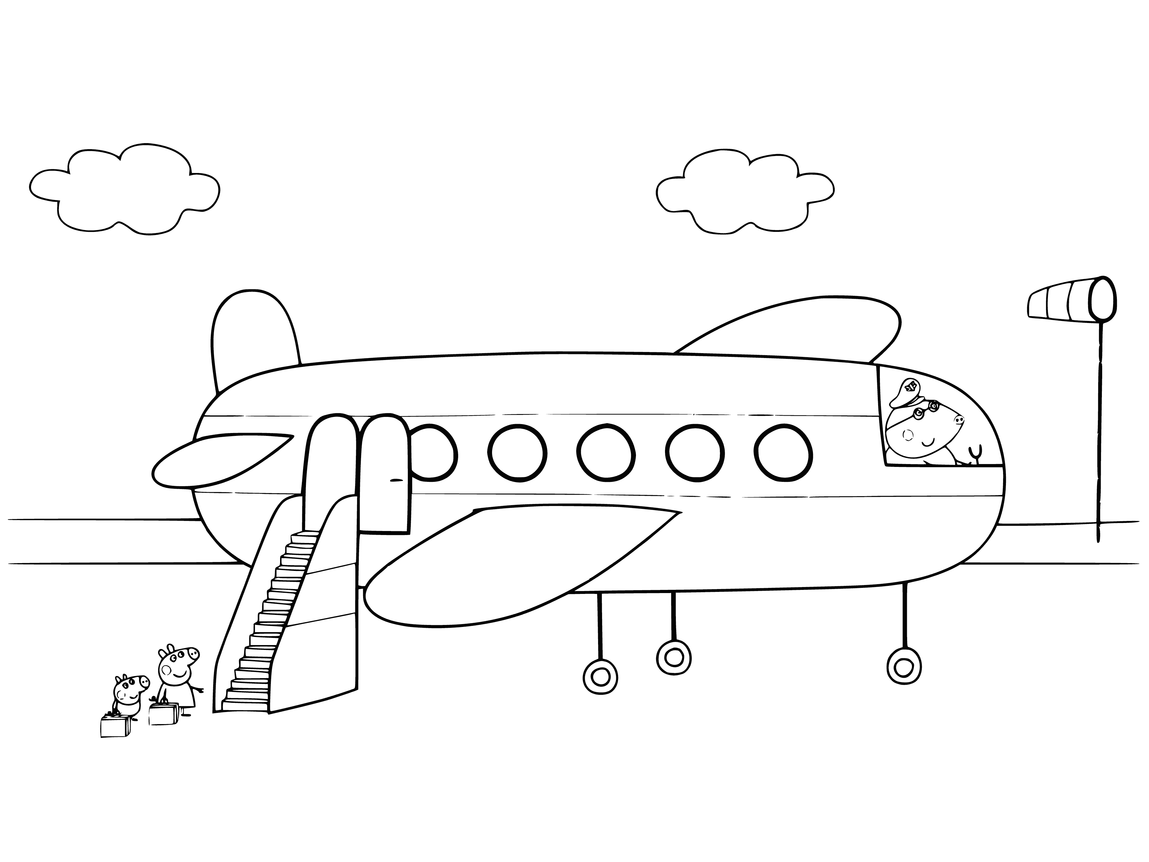 coloring page: Peppa waves goodbye to her friends and boards a plane wearing a pink dress, carrying her backpack.