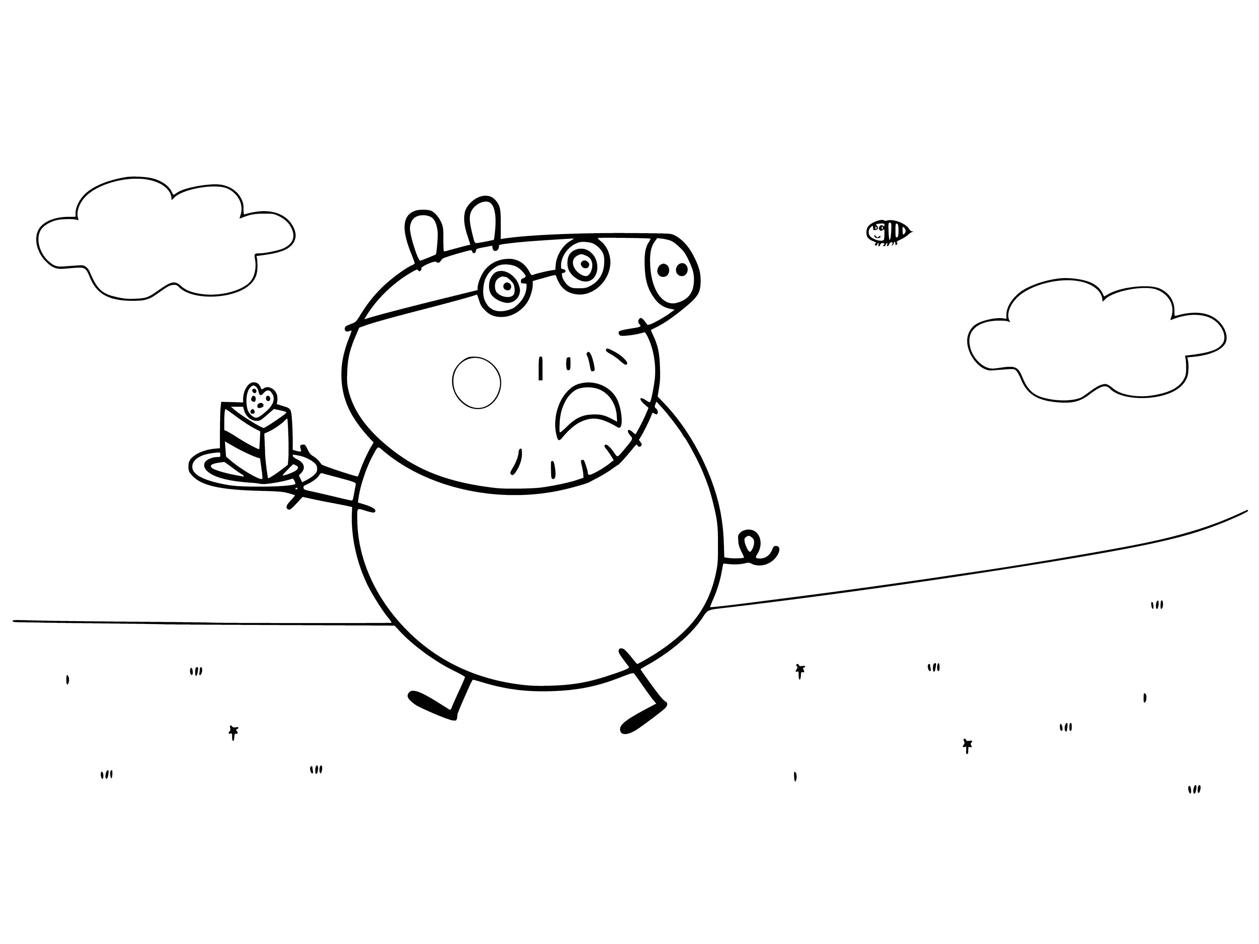 coloring page: Daddy Pig is running scared from a bee in a coloring page, arms flailing!