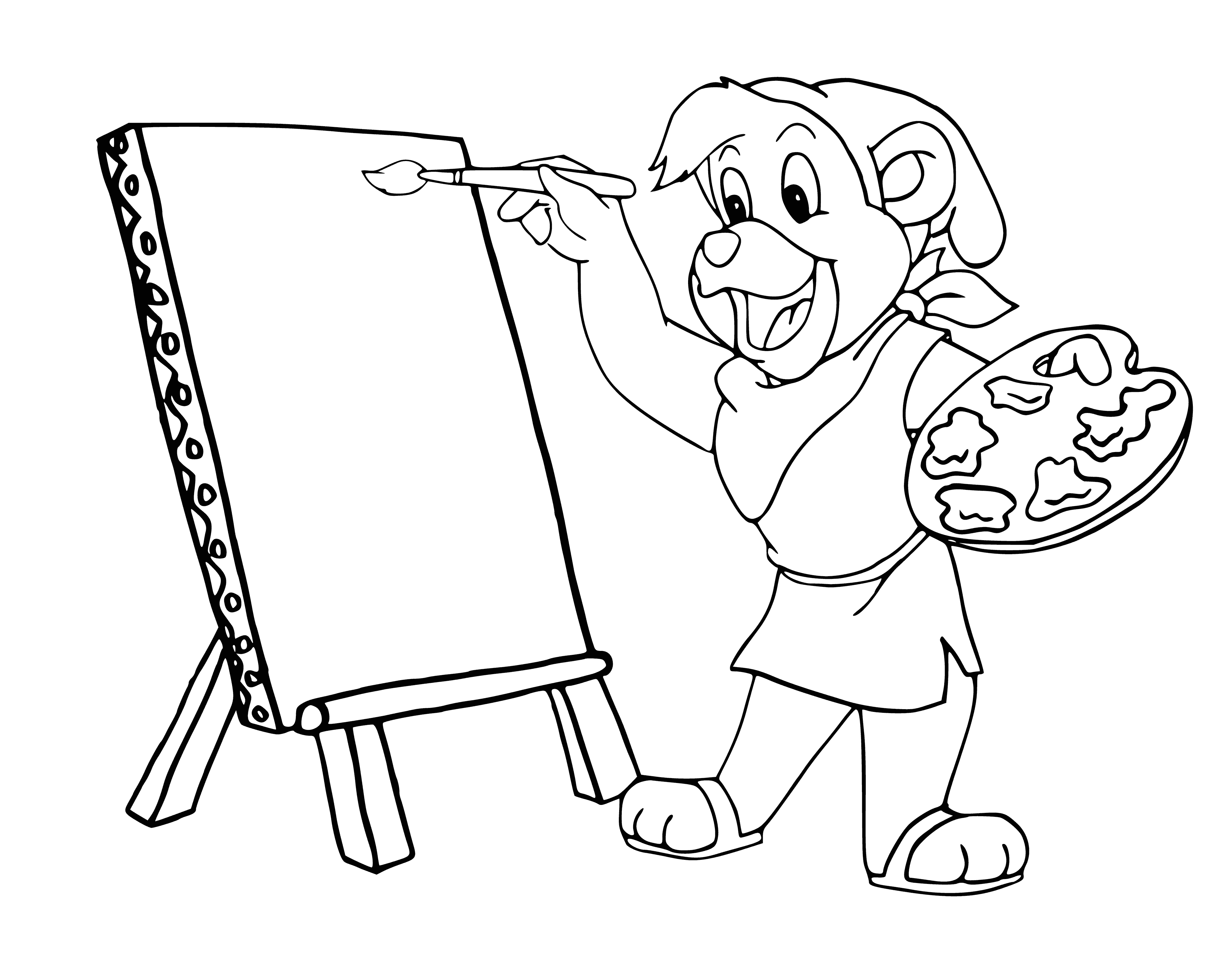 coloring page: A light brown mouse wearing a blue and white striped shirt, blue pants and a blue beret is holding a paintbrush and a yellow palette. It stands in front of a white easel, with five orange Gummi Bears painted on the paper.