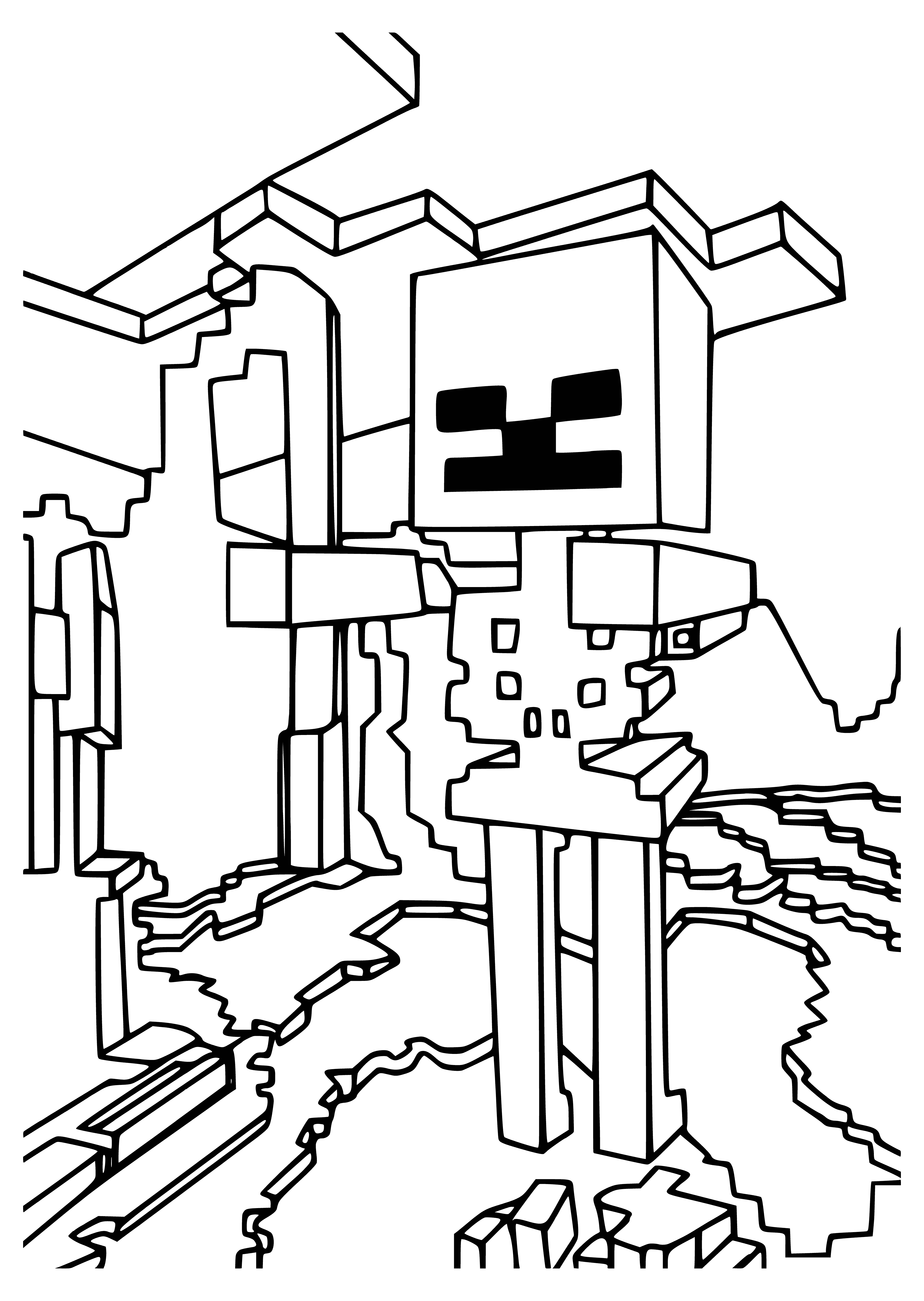 coloring page: Skeleton in Minecraft has glowing red eyes, wearing clothes and holding bow and arrow, standing on two legs with arms outstretched.
