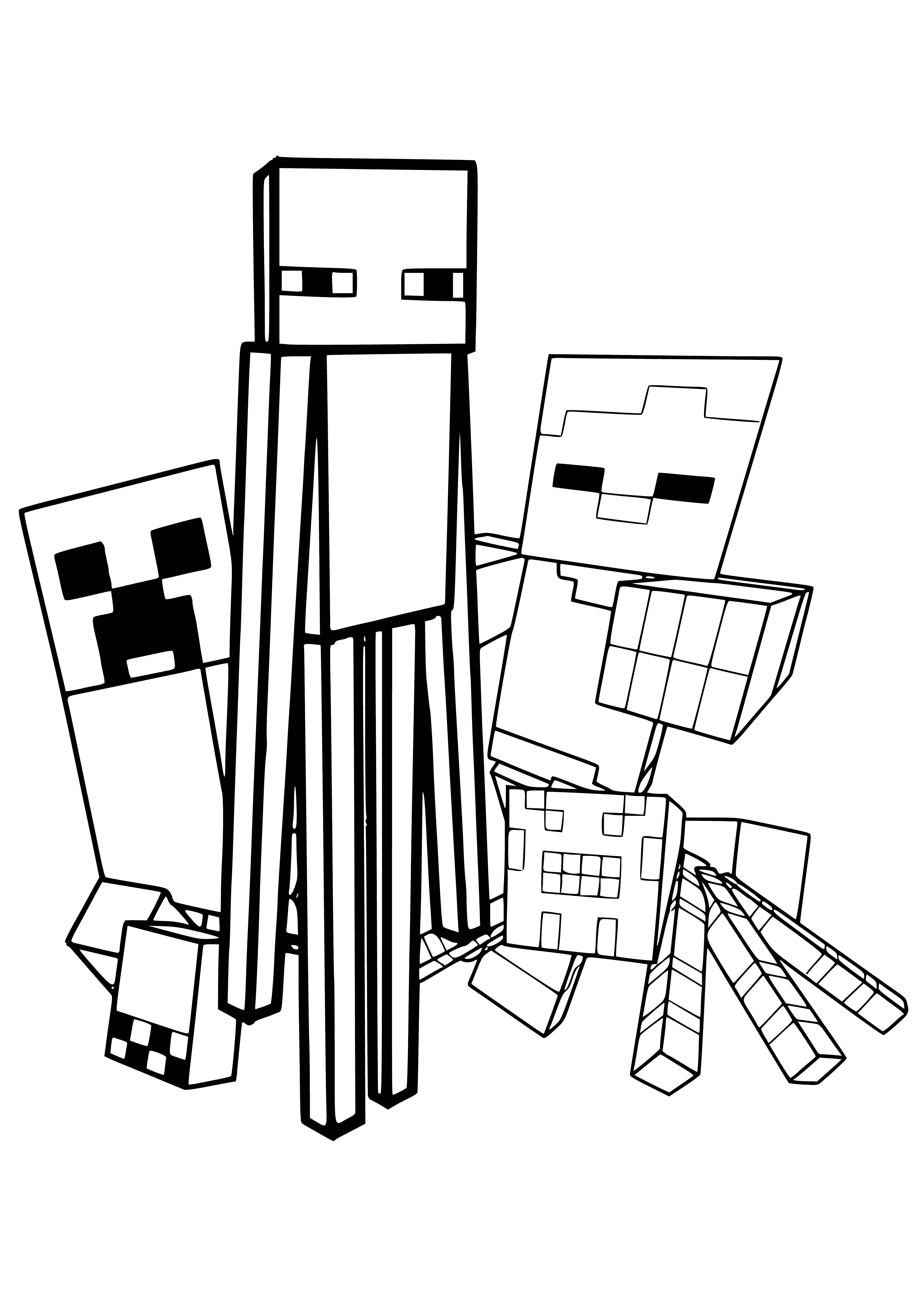 coloring page: From left: Creeper, Zombie, 2 Skeletons, Spider.