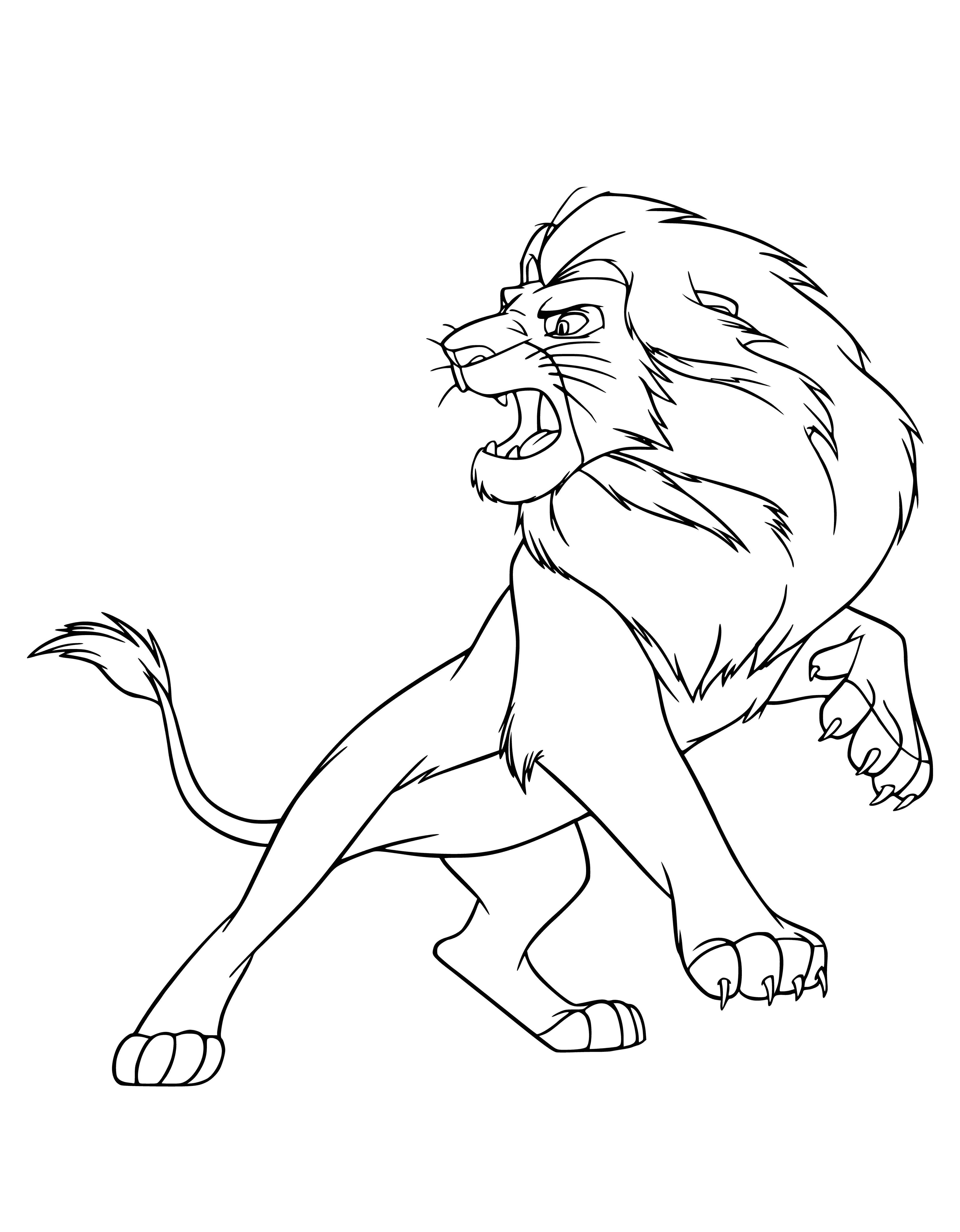 coloring page: A large, golden lion roars on a rocky ledge, with a green forest behind it. #KingOfTheJungle
