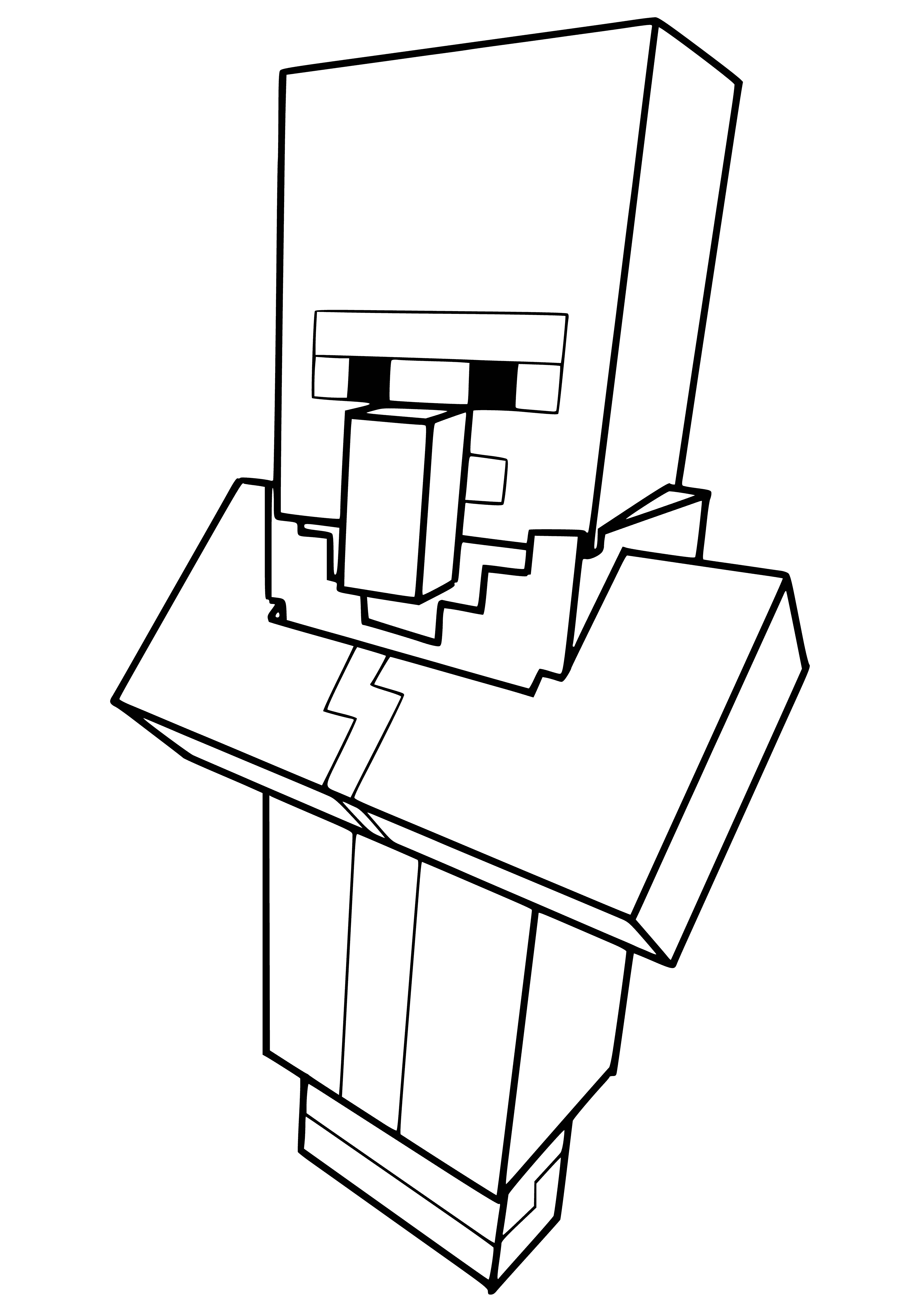 coloring page: Minecraft villager has brown beard/mustache, wears brown robe/white apron, holds loaf of bread - interact with him to get items & trade.