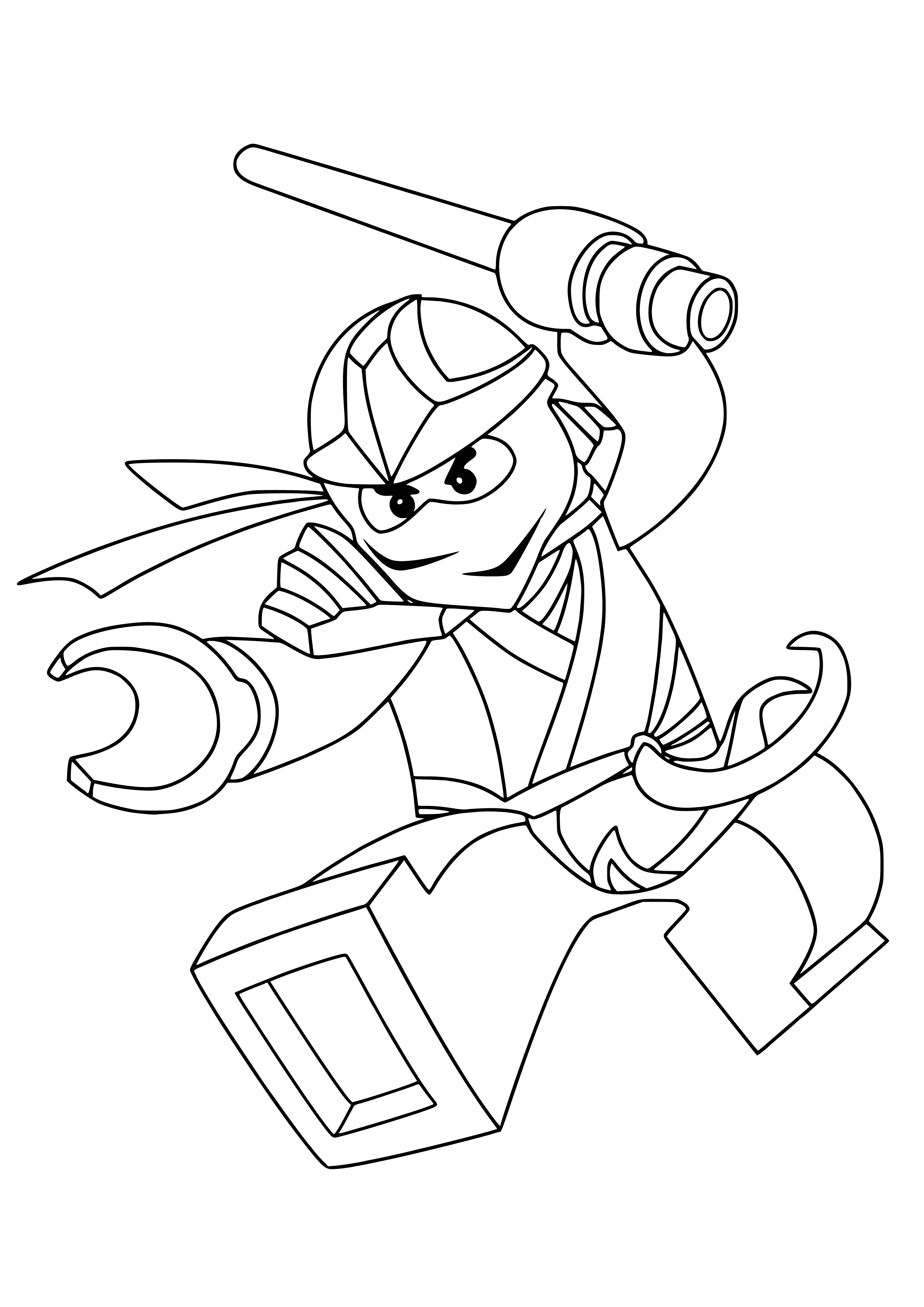 coloring page: Four LEGO ninjas in different fighting stances holding katanas, nunchucks & staff in front of a temple, trees, bushes and waterfall.