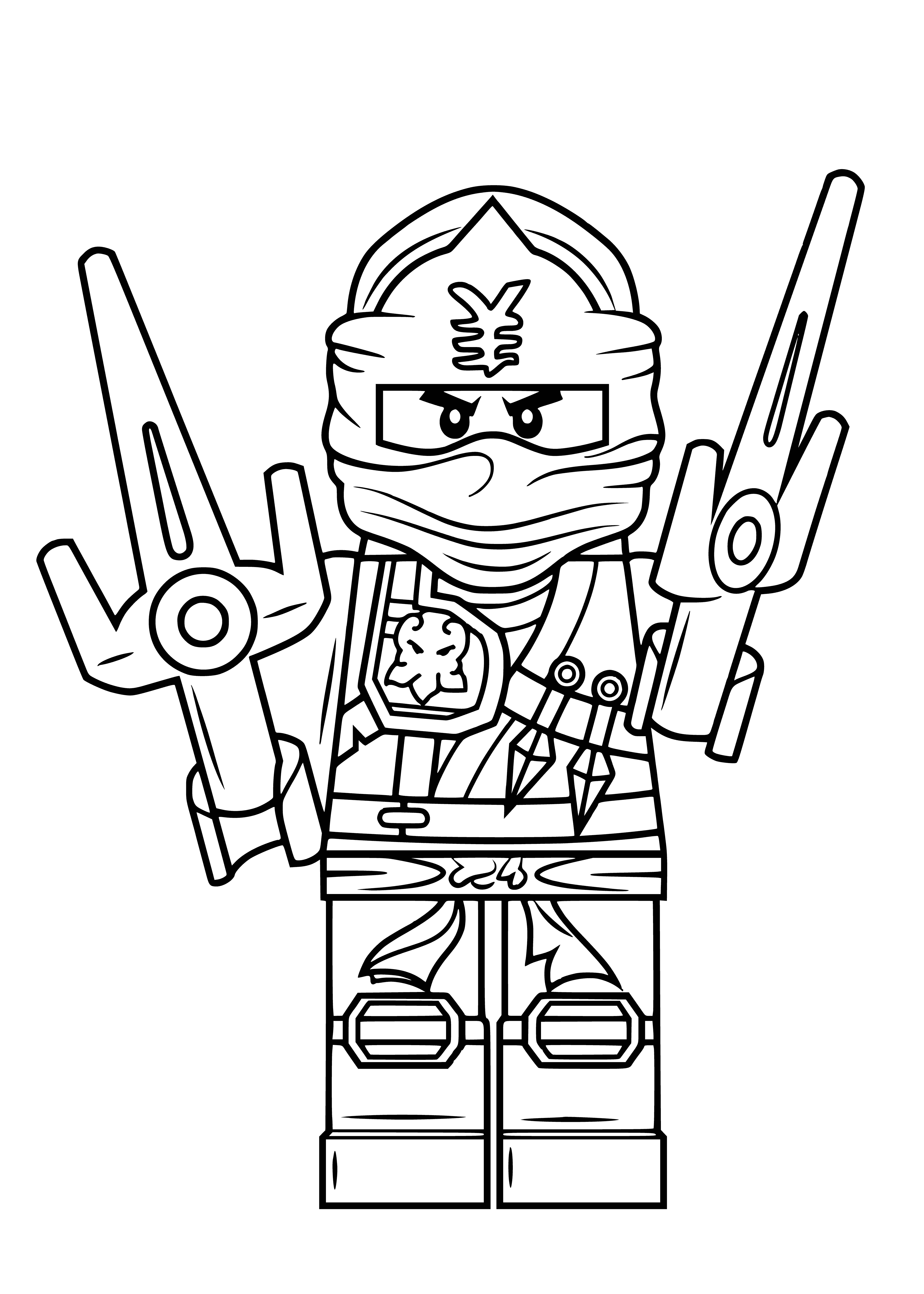 coloring page: LEGO minifigure Jay in blue ninja outfit is surrounded by red and yellow ninjas in battle scene. #ColoringPage #LEGONinjago #Ninjas