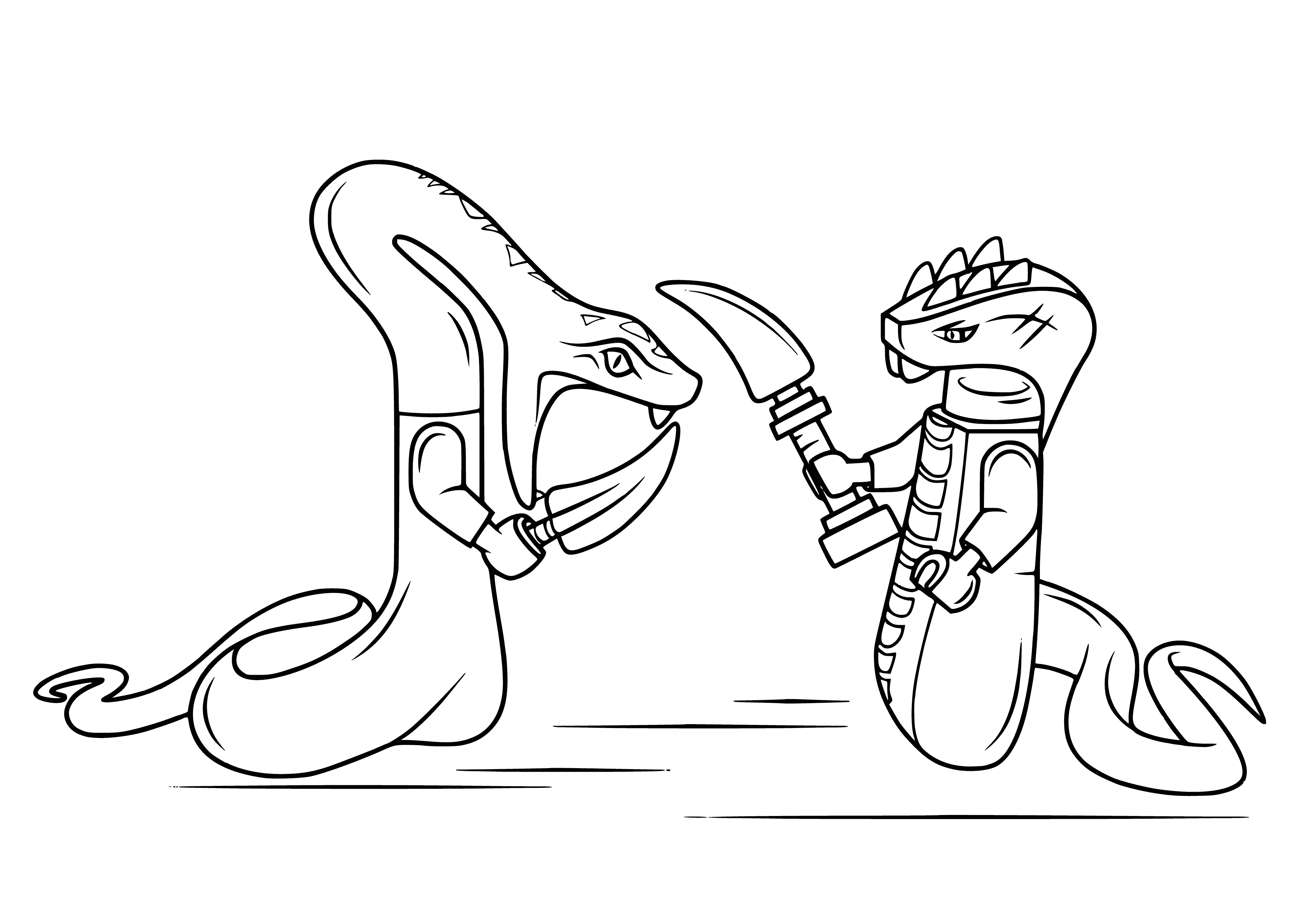 coloring page: Four snakes in coiled positions with yellow & white eyes: two green & two brown. #coloringbook #animals