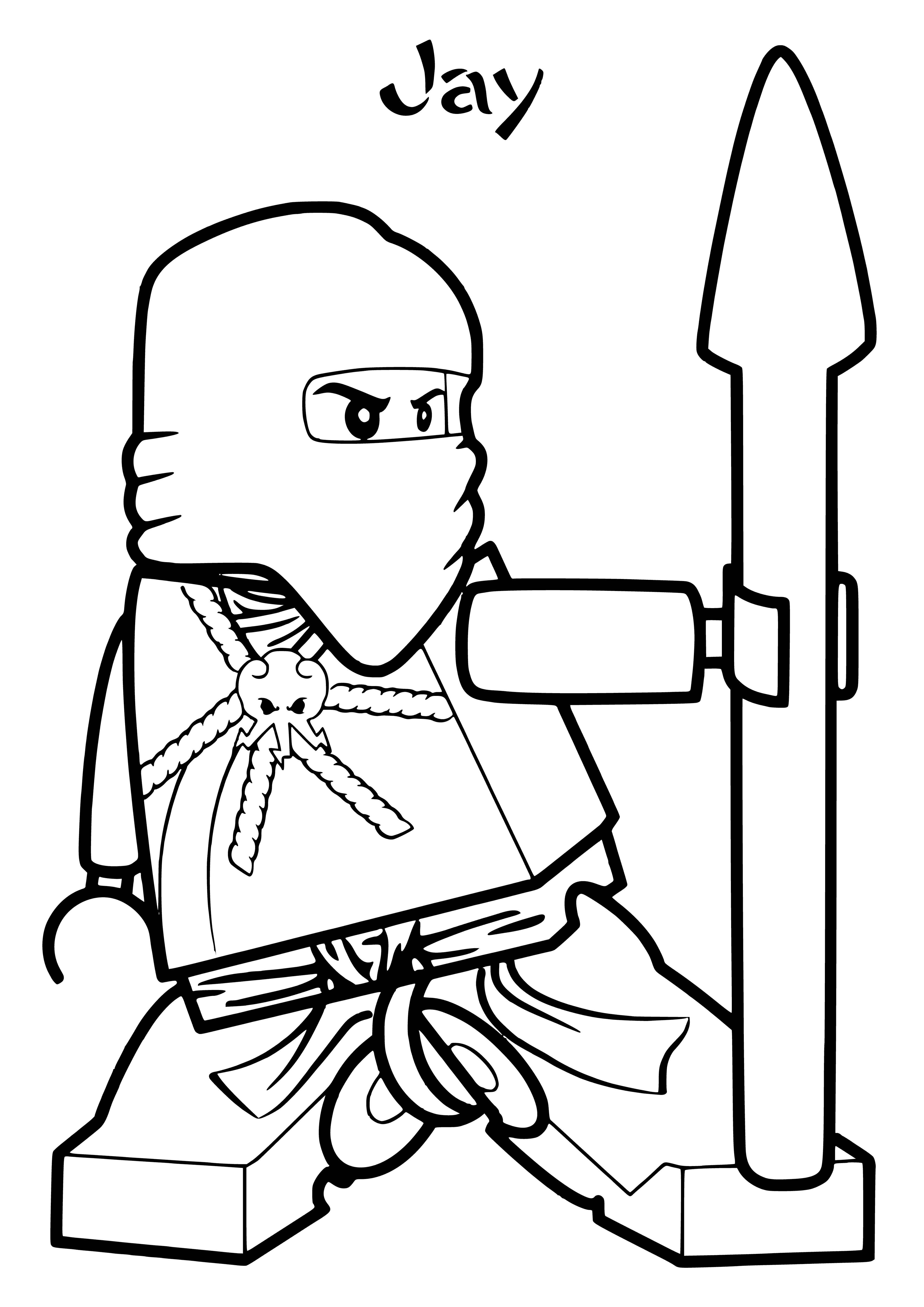 coloring page: Jay in blue ninja attire stands in a jungle, sword in hand ready to fight.