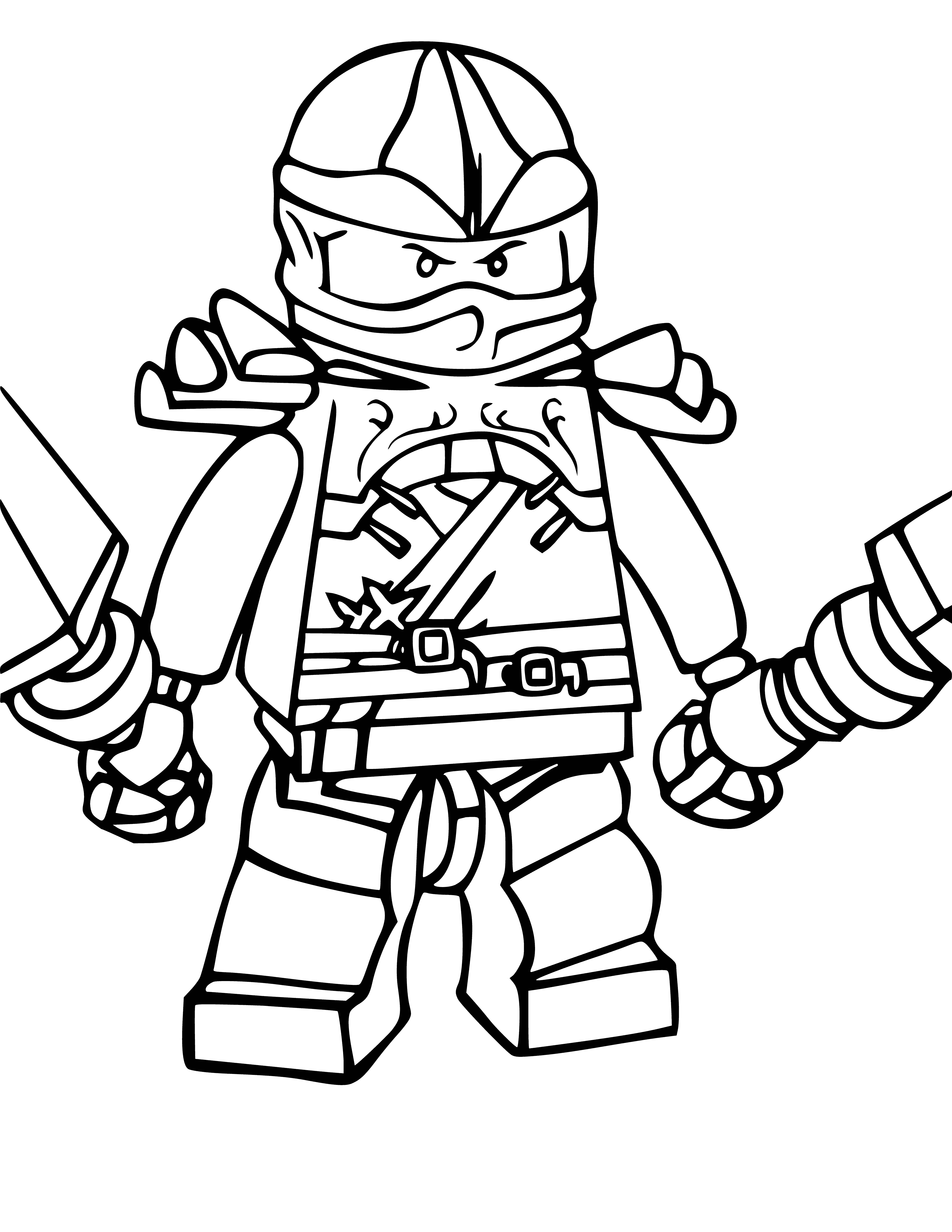 coloring page: Lego ninja figure: black, mask, sword, belt, leg armor, backpack, armguards, gloves. Ready for adventure!