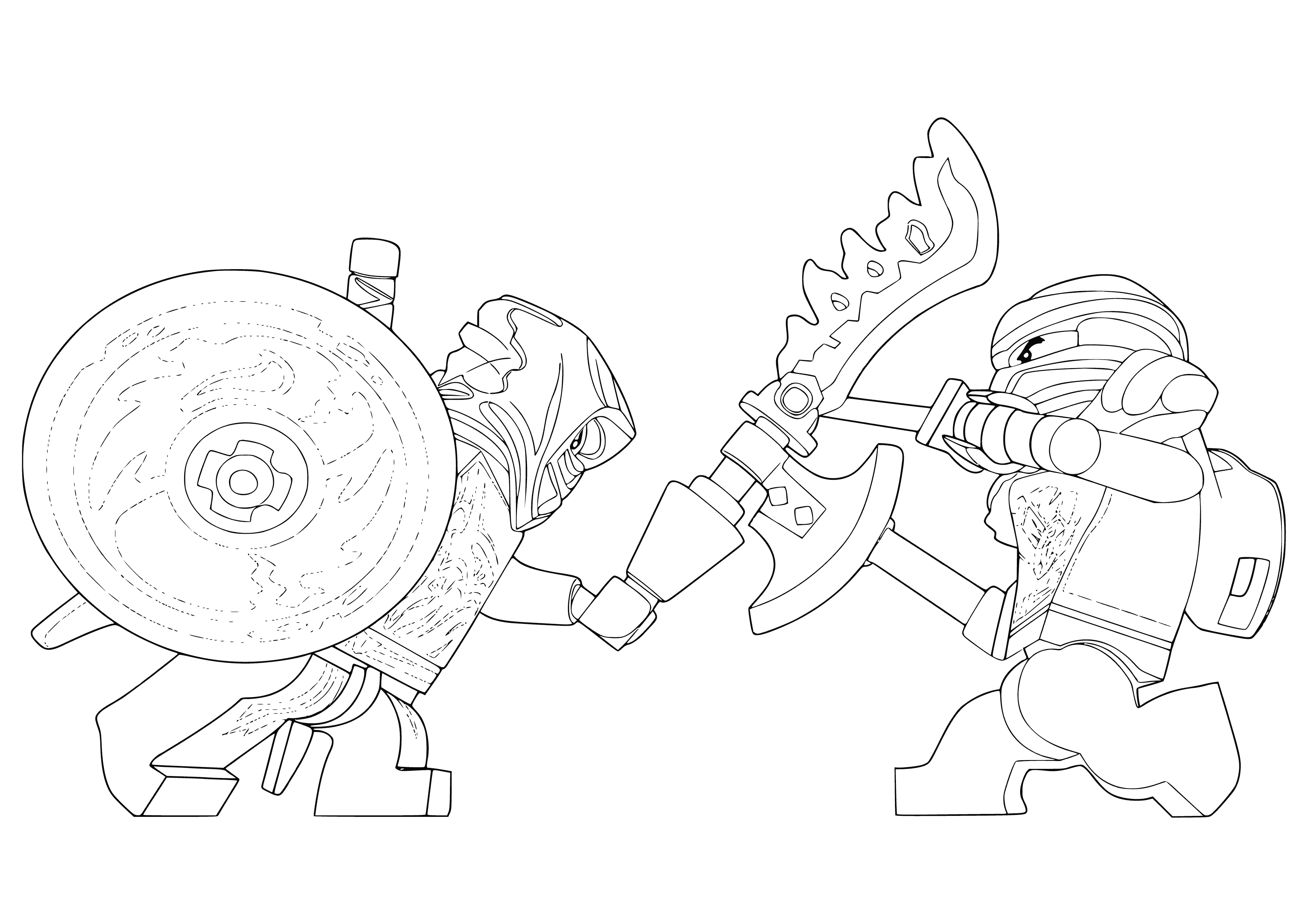 coloring page: 4 ninja figures (b/w/g) stand on platforms with weapons in front of them in a circular arena with 4 sections/symbols in the center and mountains+city in the background.