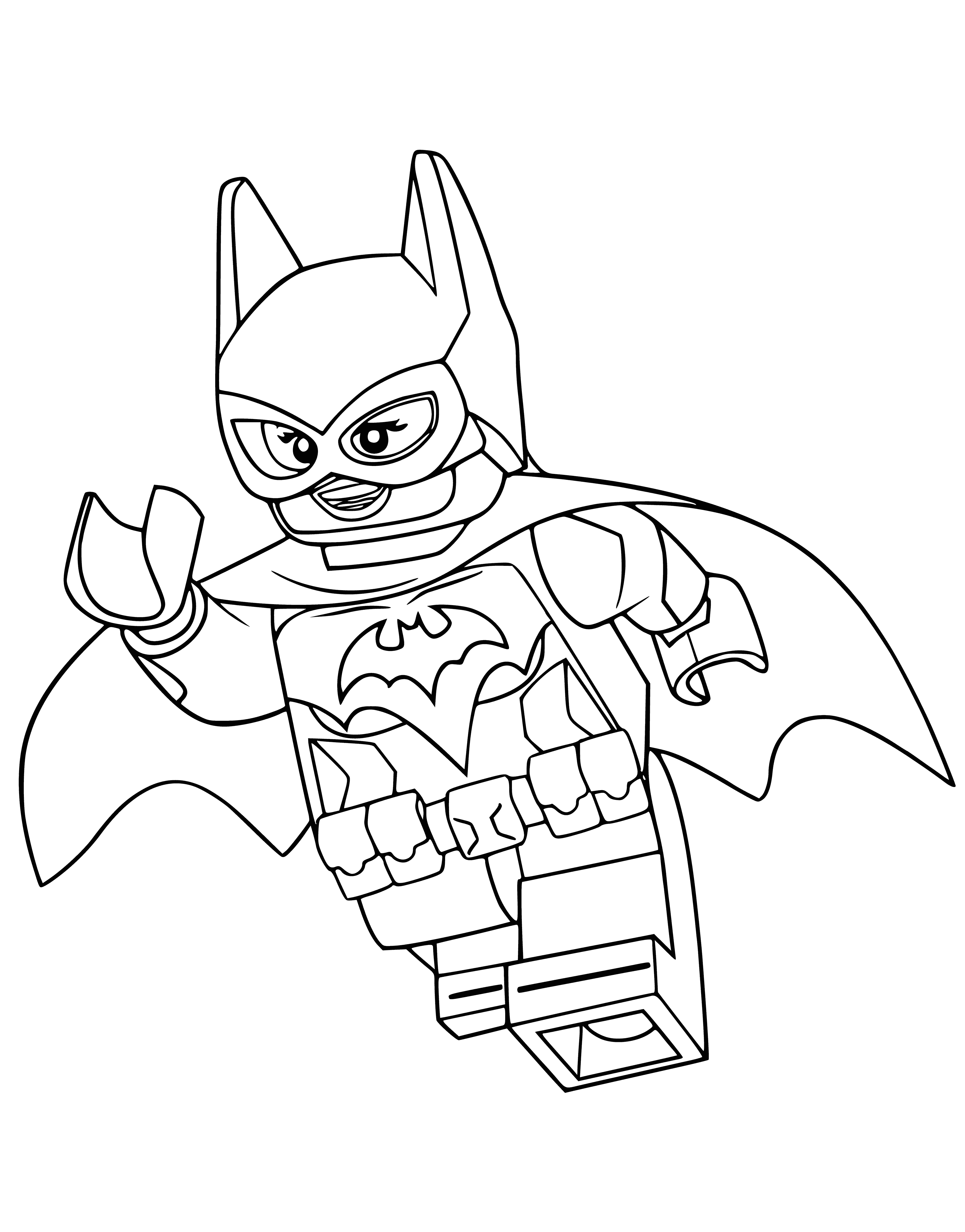 coloring page: Figure in a suit & cape stands on a building holding a black & gray gun; yellow belt with a bat symbol. #TheDarkKnight #Batman
