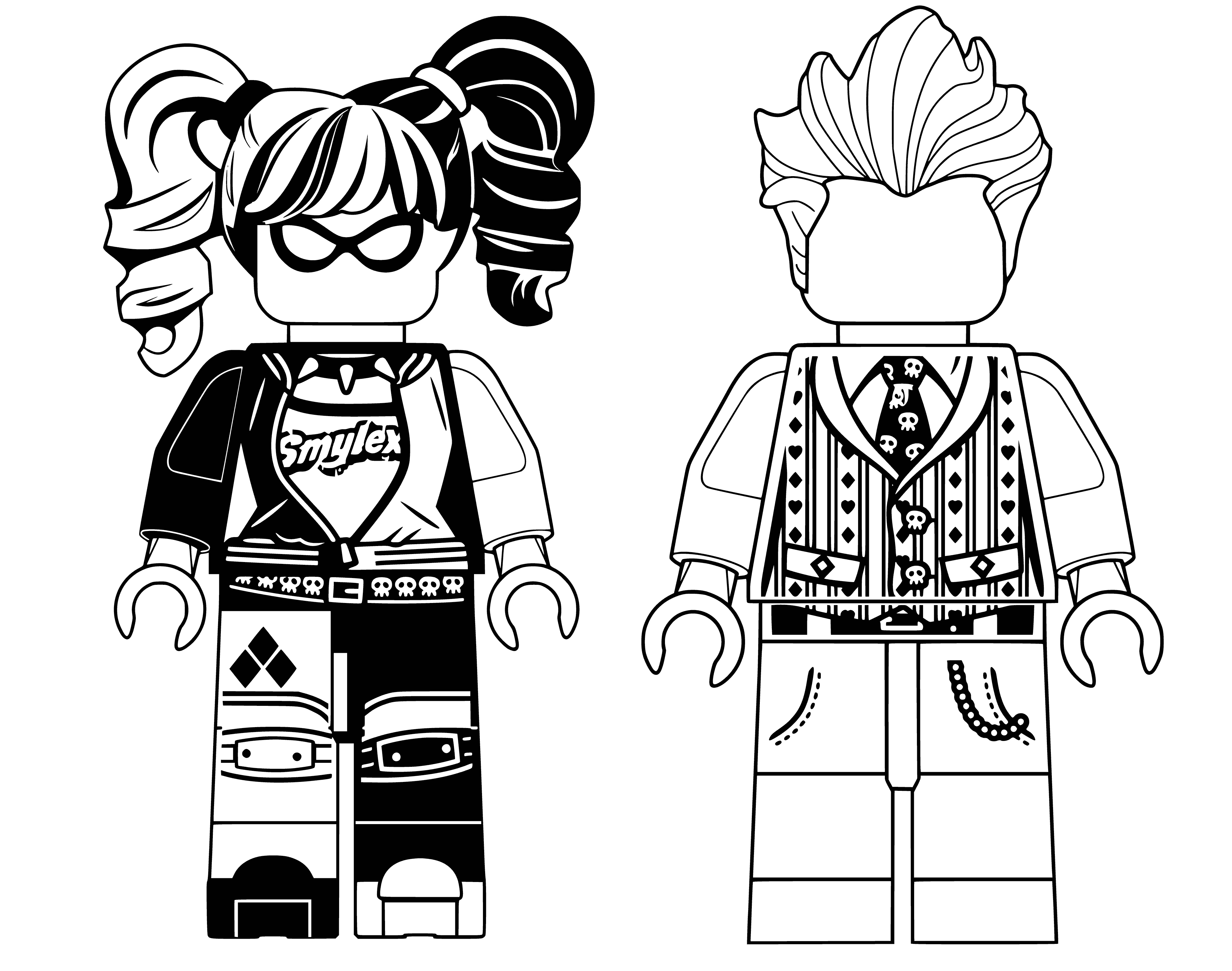 coloring page: Lego Harley Quinn & Joker are featured together in a coloring page. She wears her iconic red & black, with white face and black eyes. Joker wears purple suit, green shirt and yellow tie, with white skin, green hair & painted red smile. #coloringpages #Supervillains