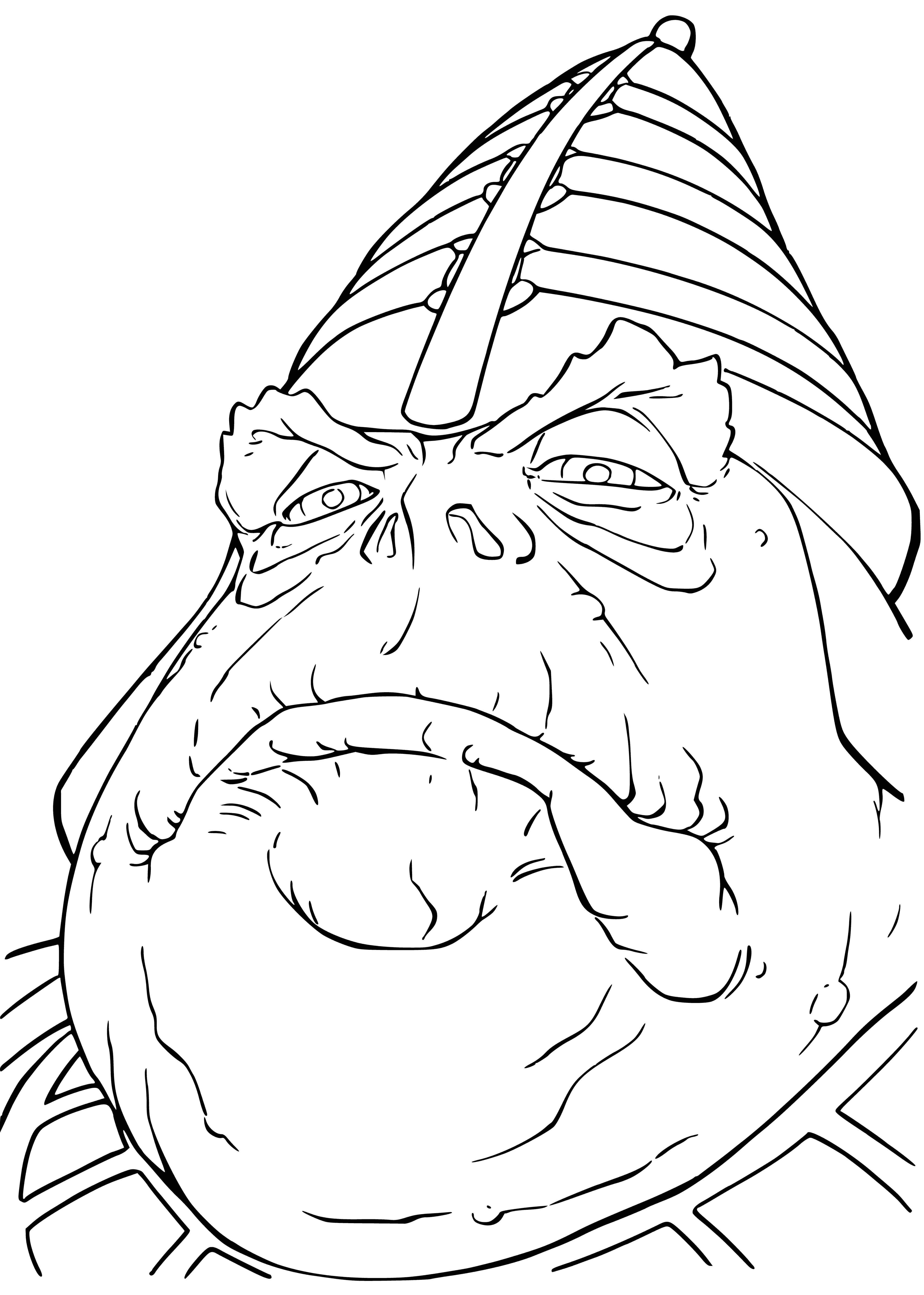 coloring page: Alien king with headdress, staff and throne - looking down off-screen.