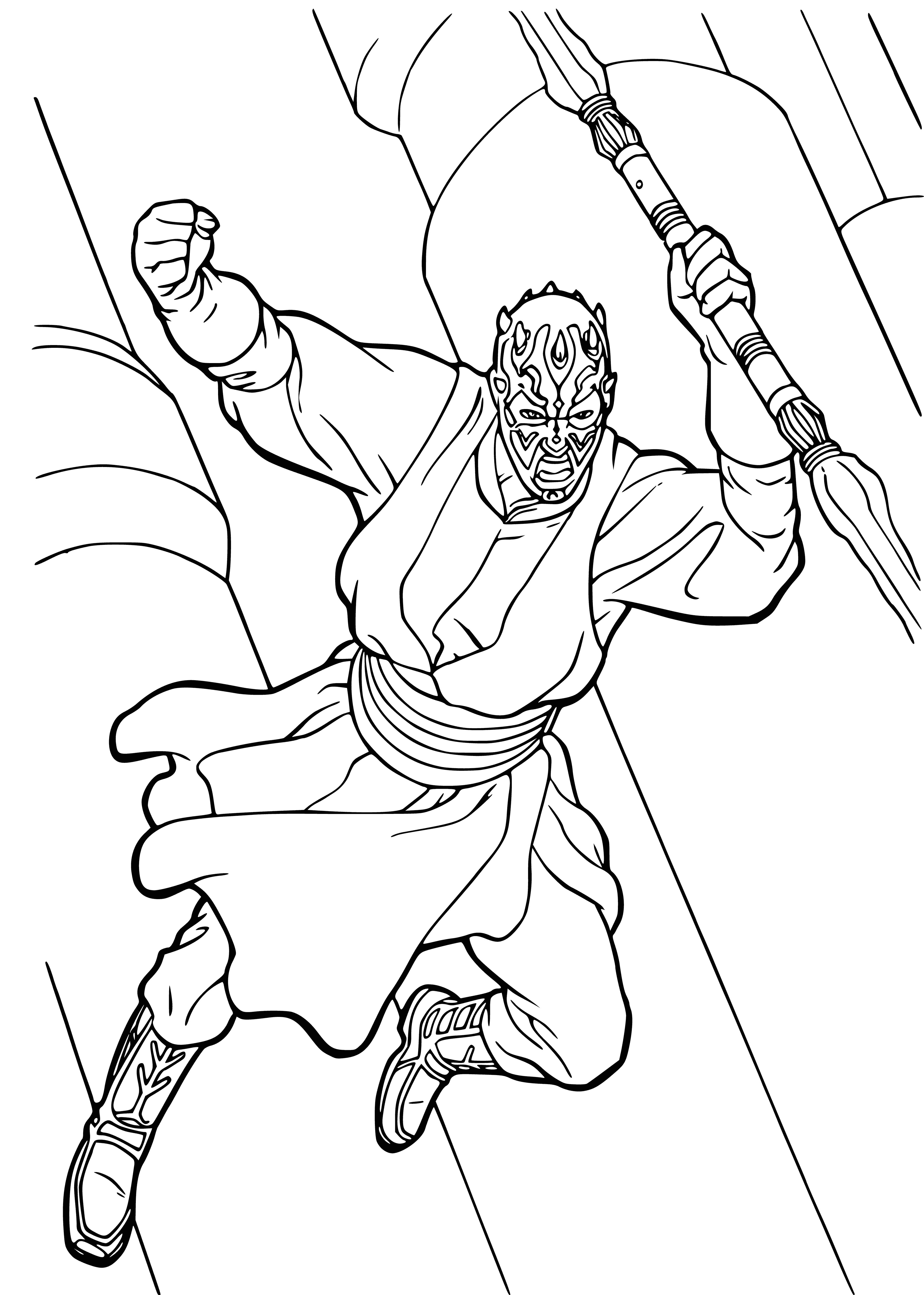 coloring page: Masked figure in black robes w/ lightsaber fights fair-haired man in white & alien w/ green lightsabers in background.
