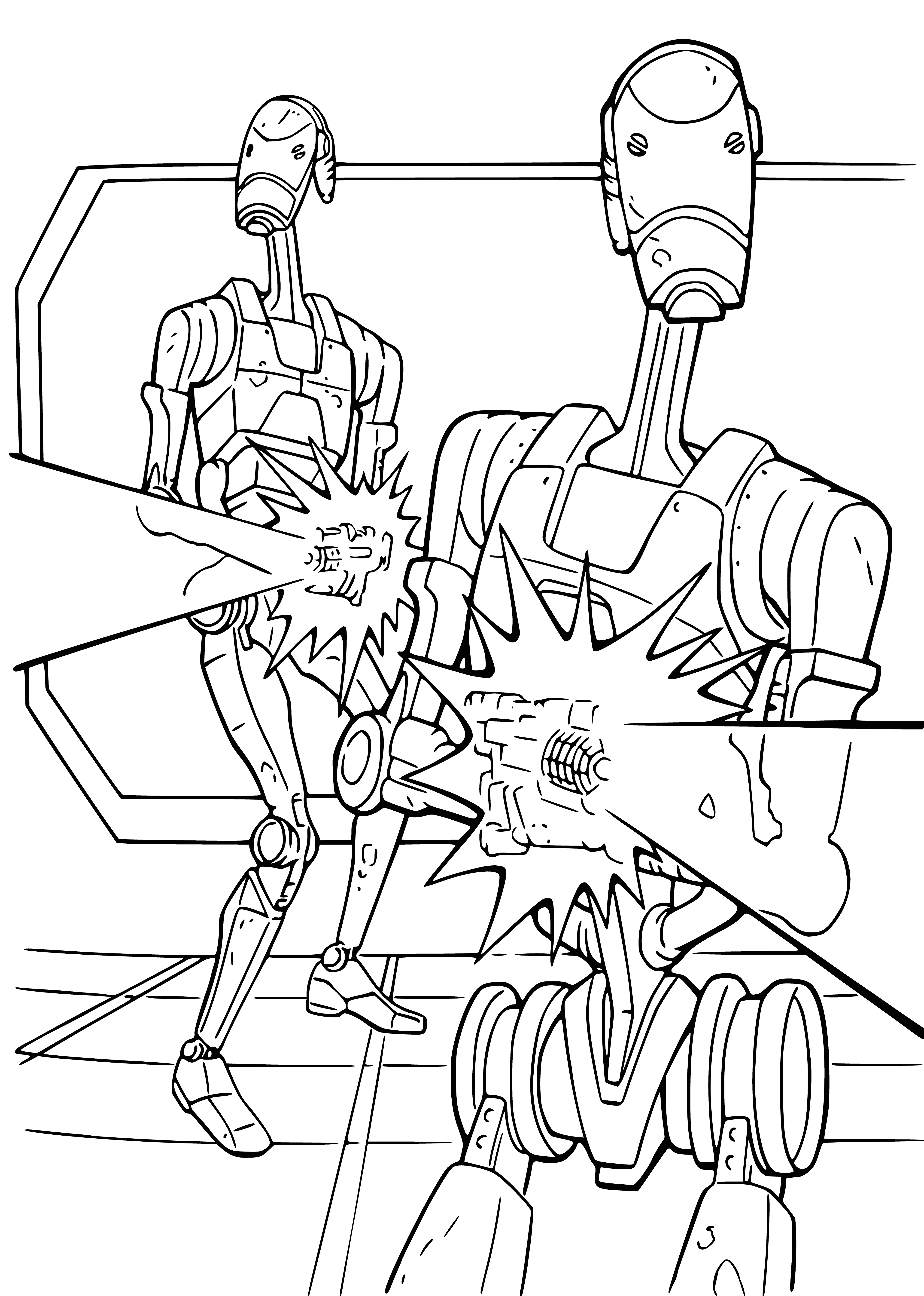 coloring page: Battle droids in line, identical and holding blasters, in front of a big ship. #StarWars