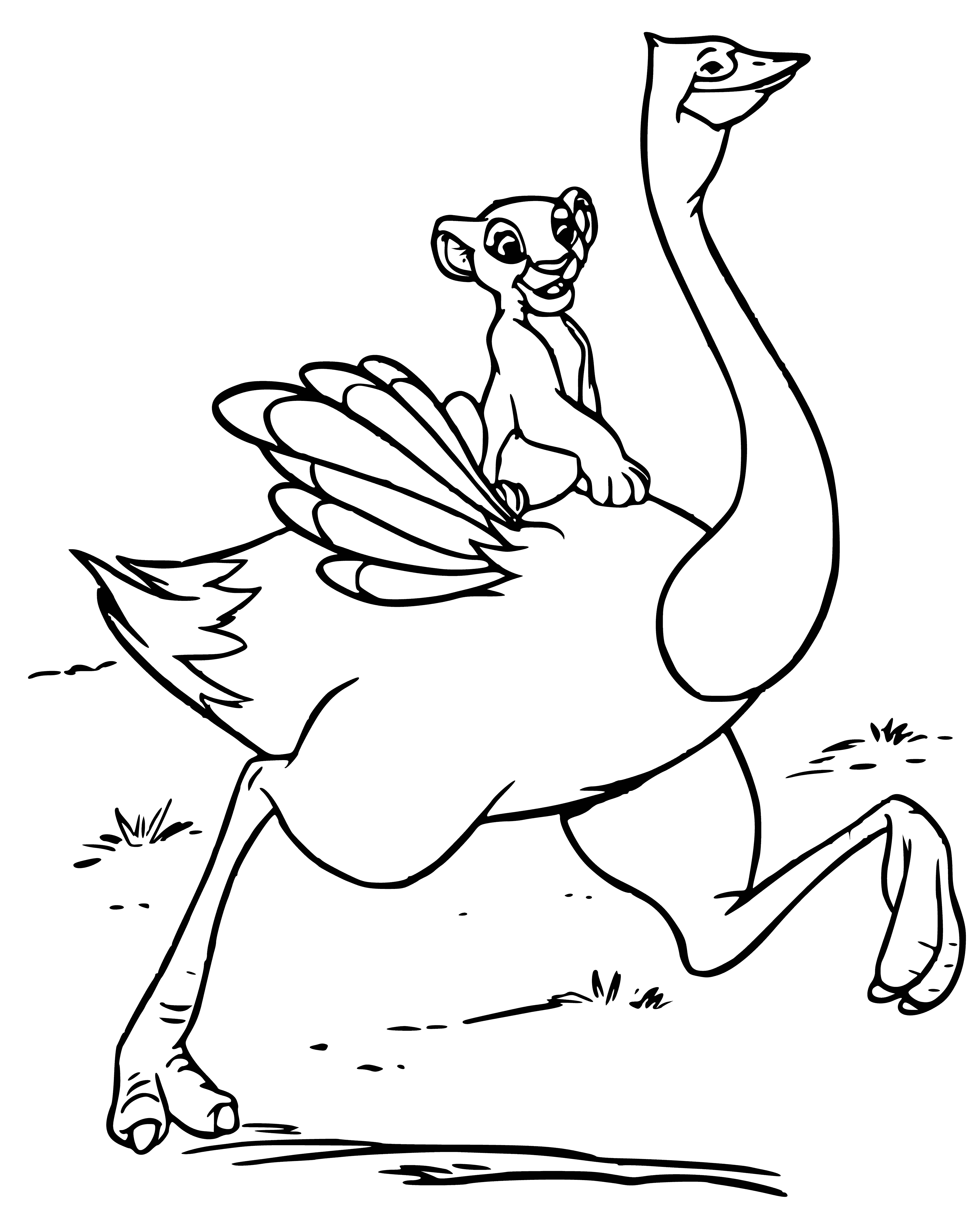 coloring page: Simba saves an ostrich from buffalo, ostrich bows down in thanks. #thelionking #animation #familymovies