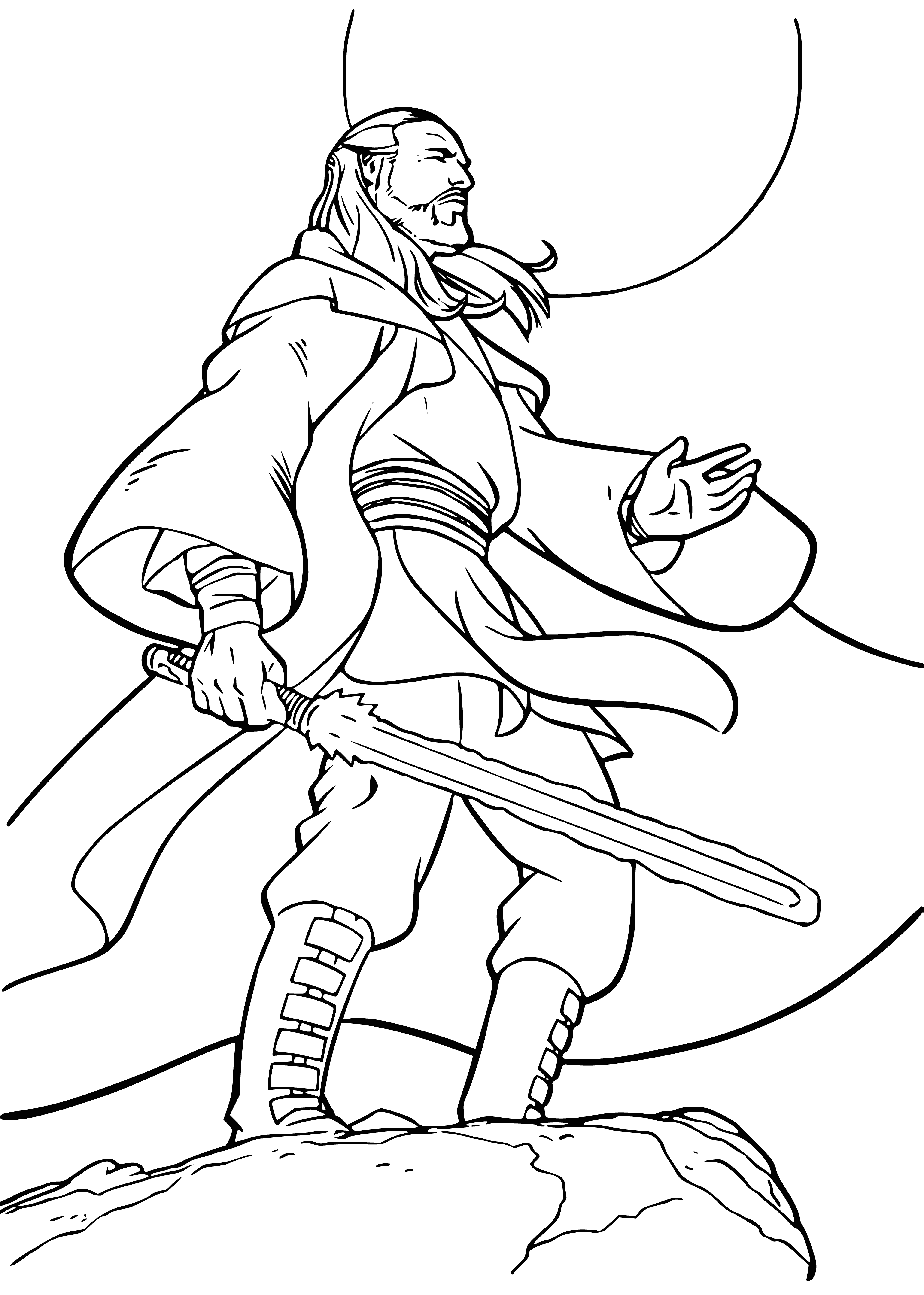 coloring page: A man with a lightsaber stands before a spaceship; he's wearing a brown robe & has long, dark hair & a beard.