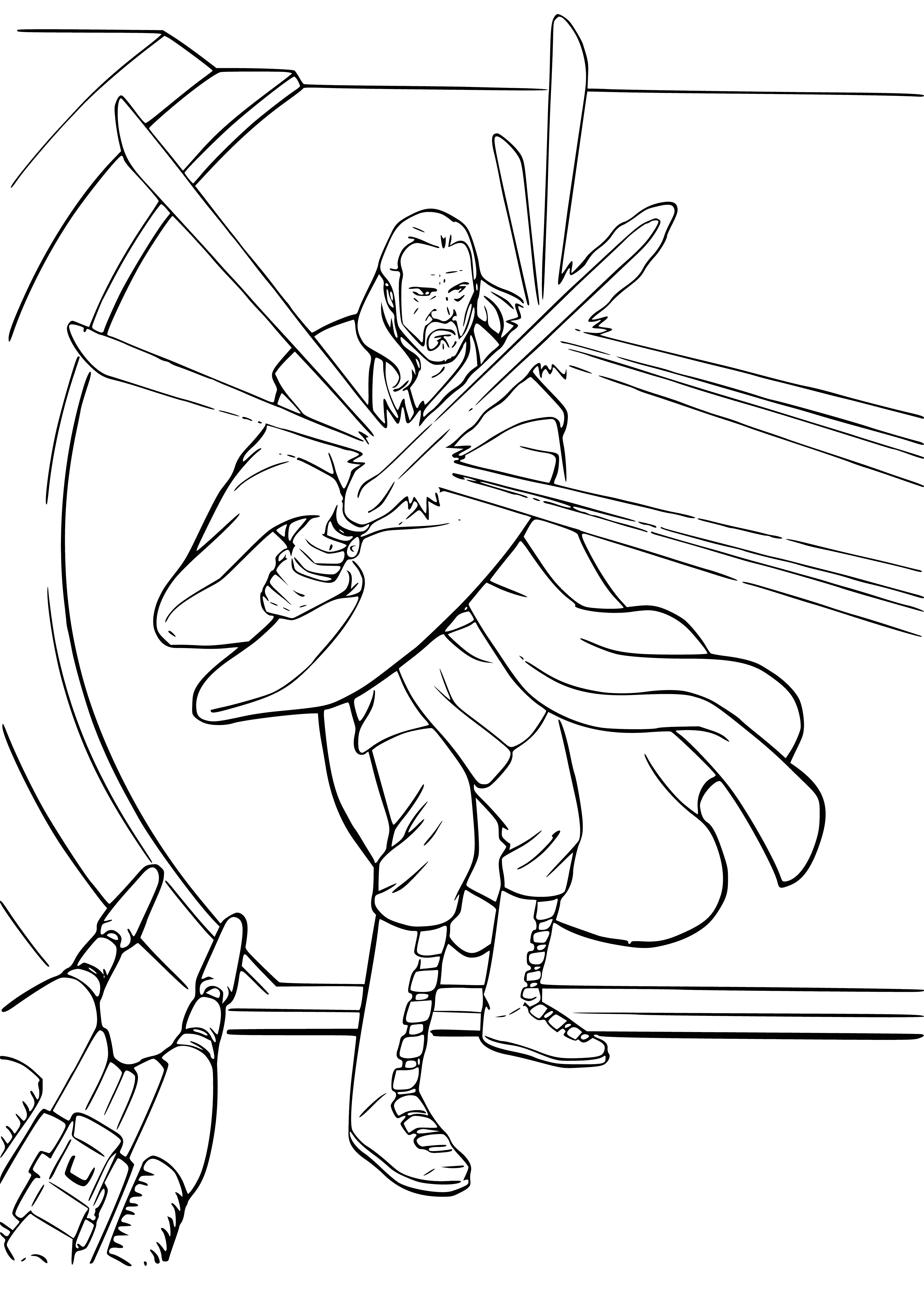 coloring page: Man with Lightsaber wearing cloak and shirt, two-mooned planet in background.