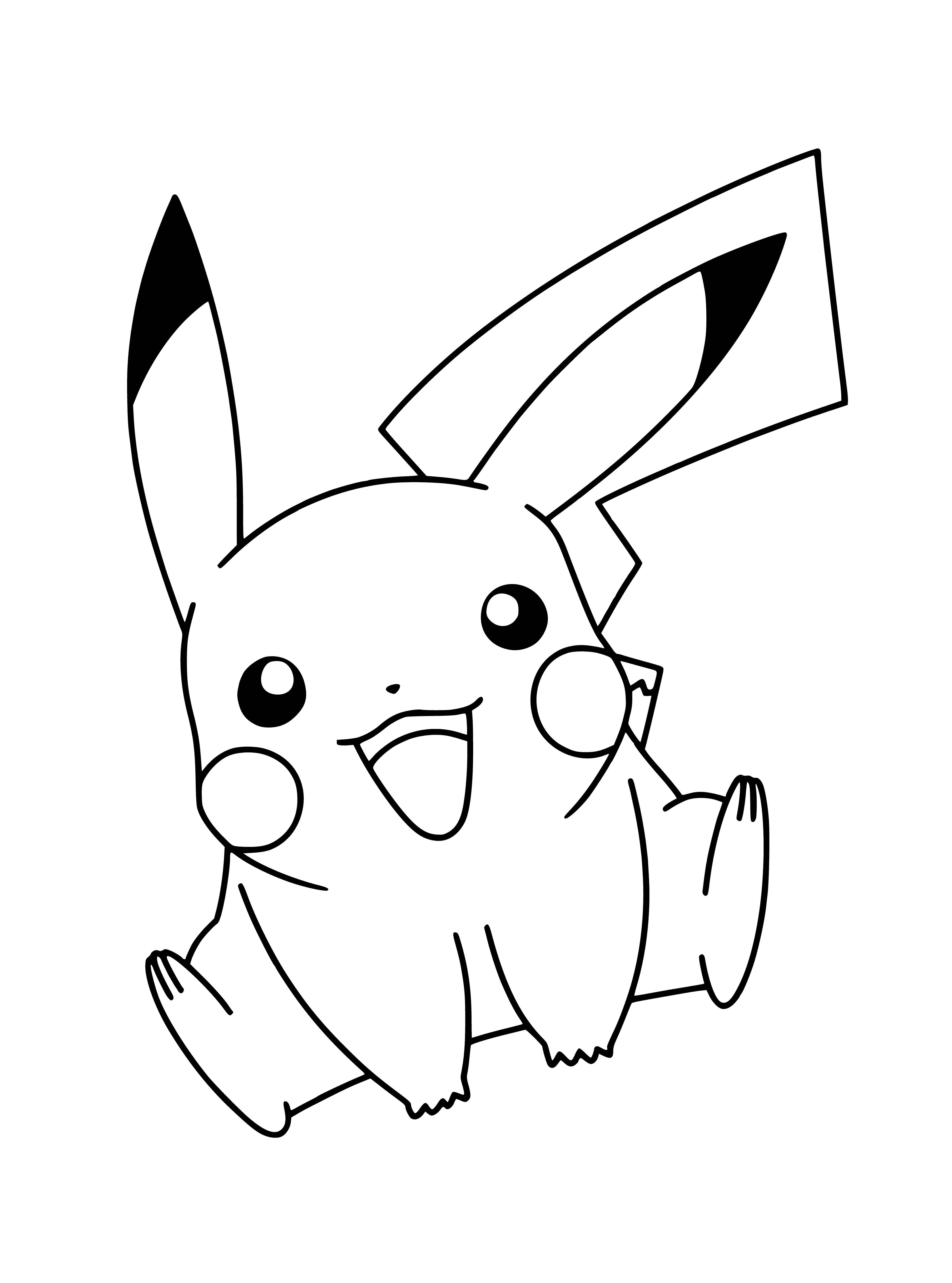 coloring page: Popular electric mouse Pokémon, Pikachu, has yellow body with black stripes, red check & big brown eyes. A favorite of many!