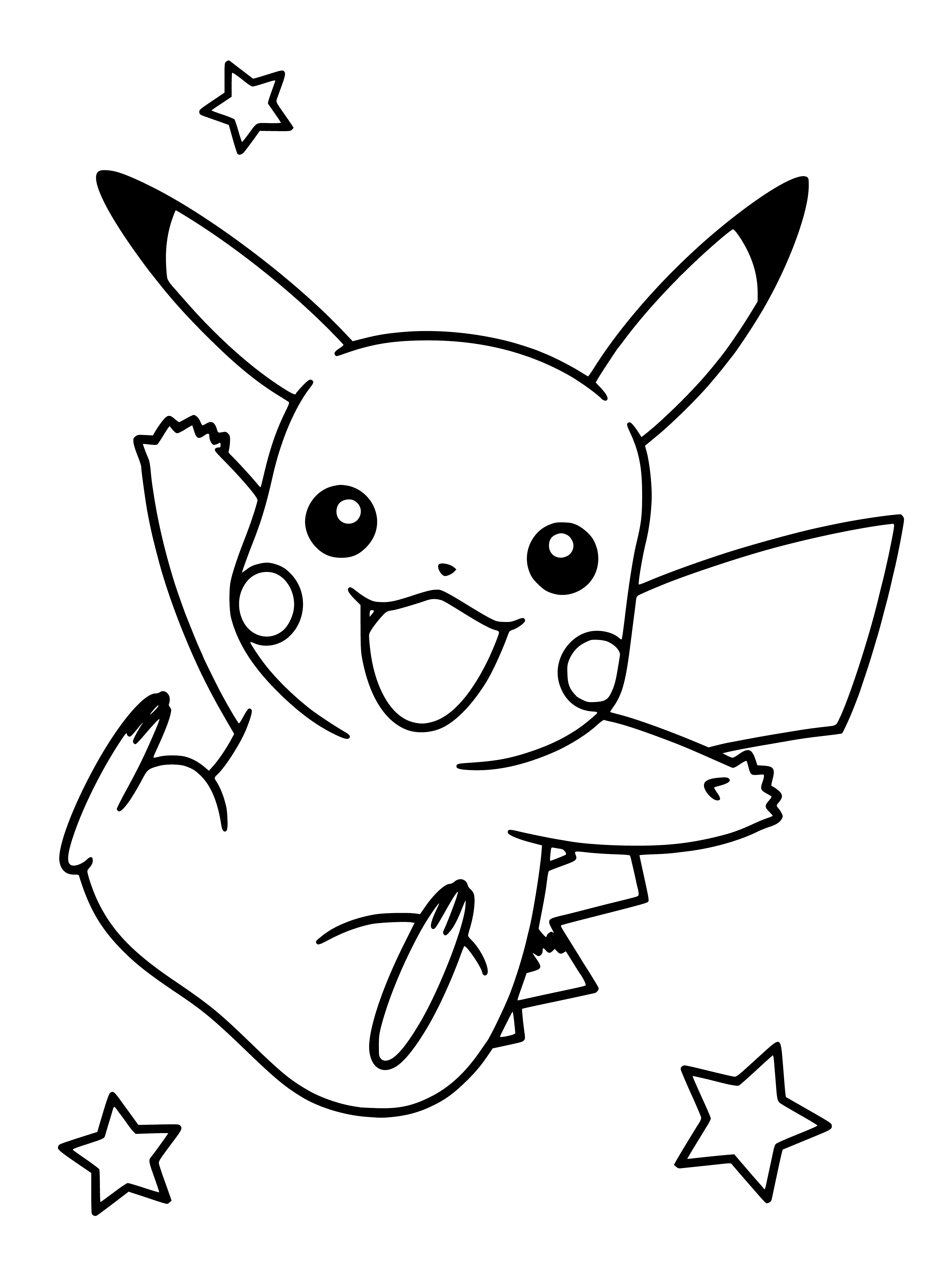 coloring page: Popular Pokémon Pikachu is a small rodent-like yellow furred creature w/ black eyes & red stripes on its back.
