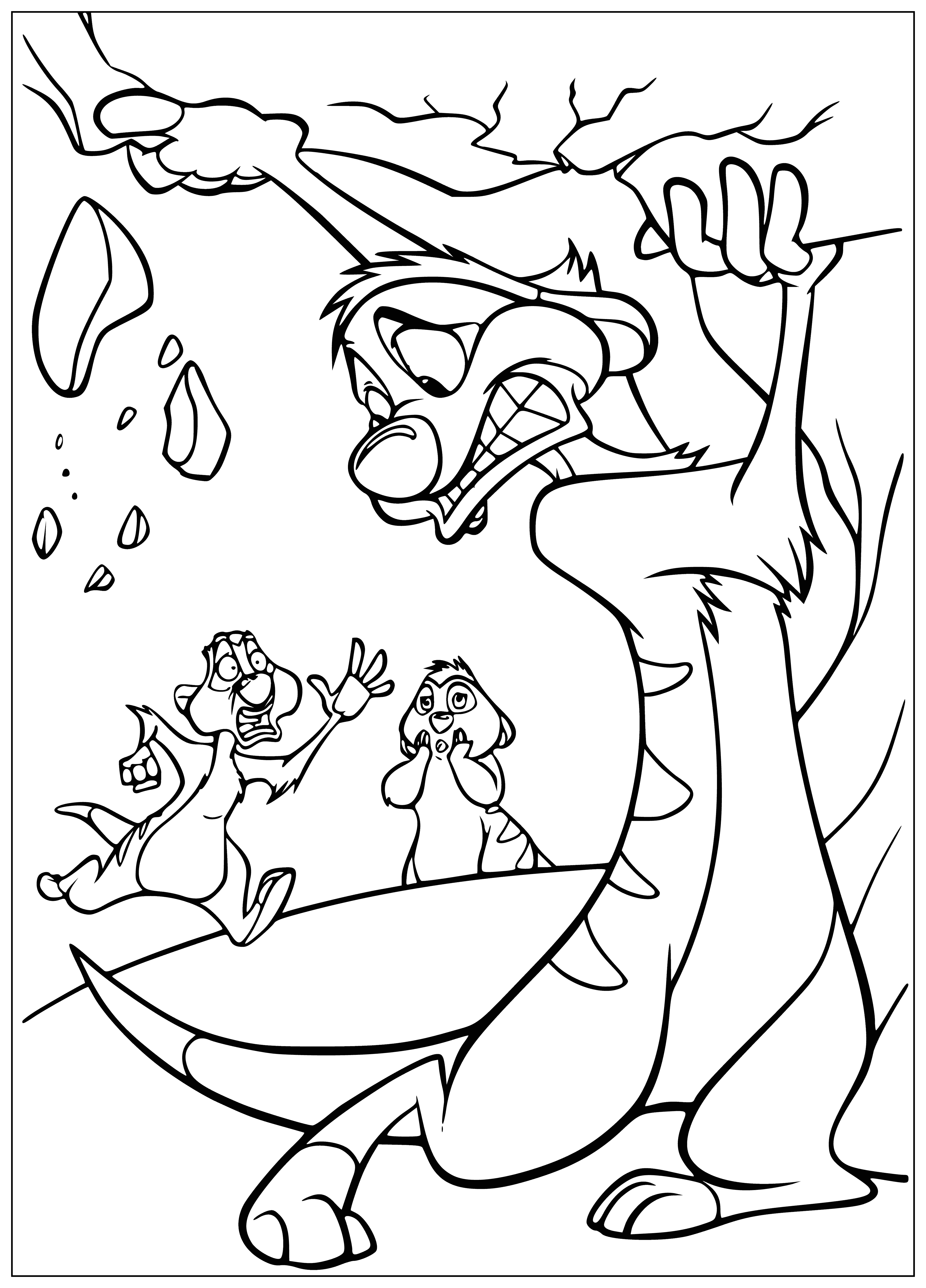 coloring page: The lion is disappointed while Timon looks triumphant as the rodent-like creature stands on the lion's tongue in the coloring page.