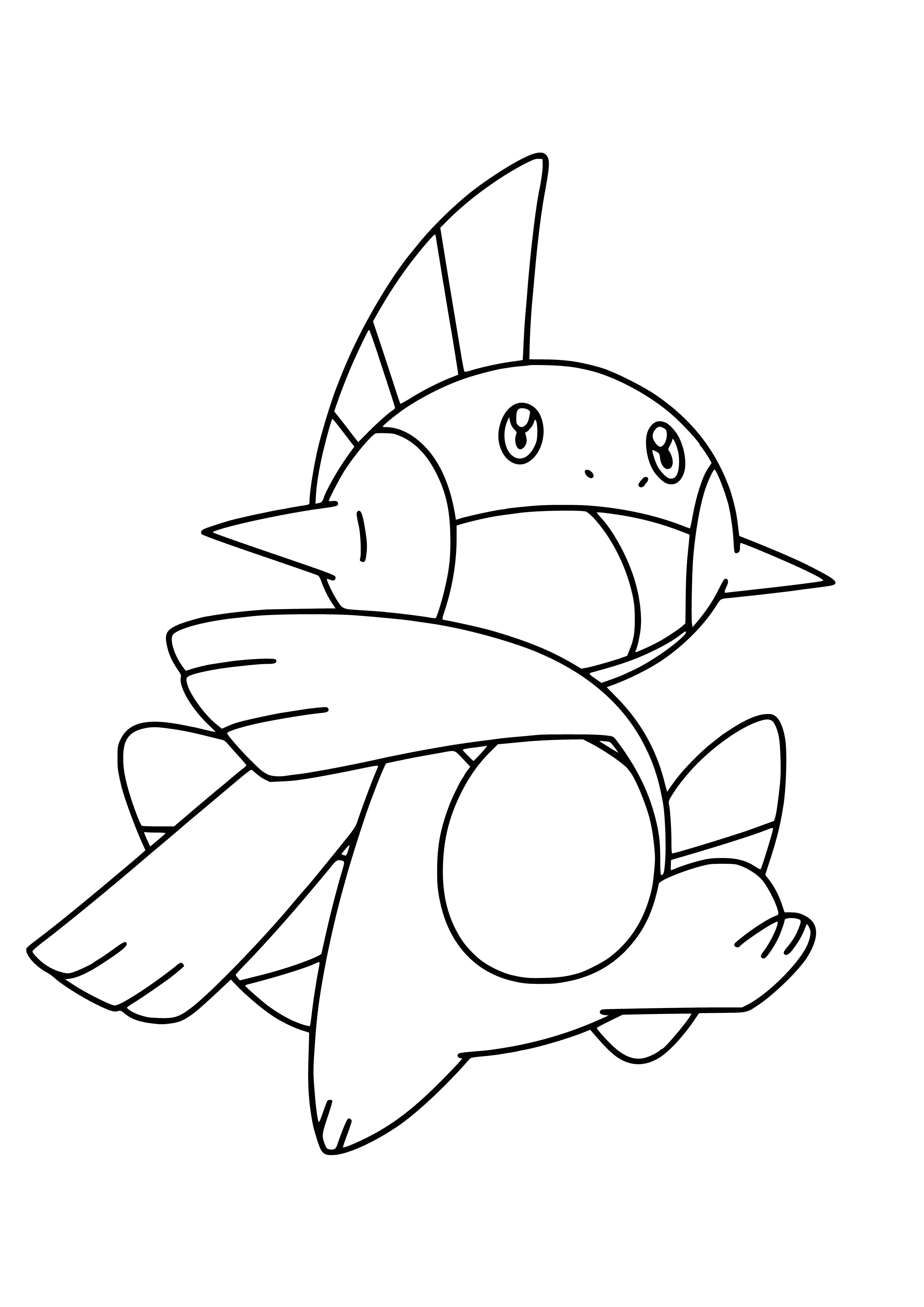 coloring page: Small amphibious Pokémon: sky-blue skin, dark eyes, stout body, four webbed feet, large tail fin and two small blue horns. Used in water for propulsion.