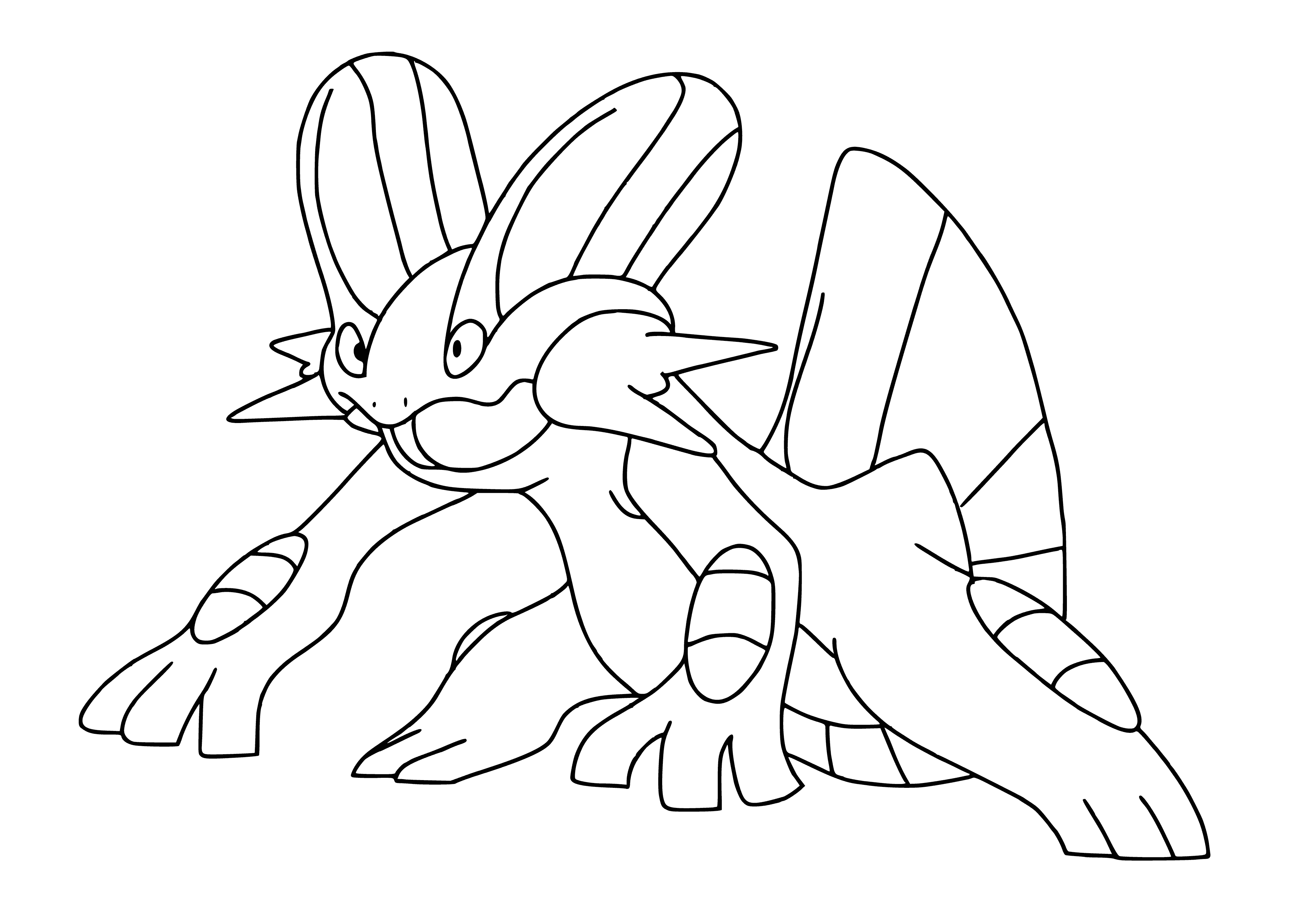 coloring page: Large, blue four-legged Pokemon w/long tail, fins, red jewel on forehead, small black eyes.