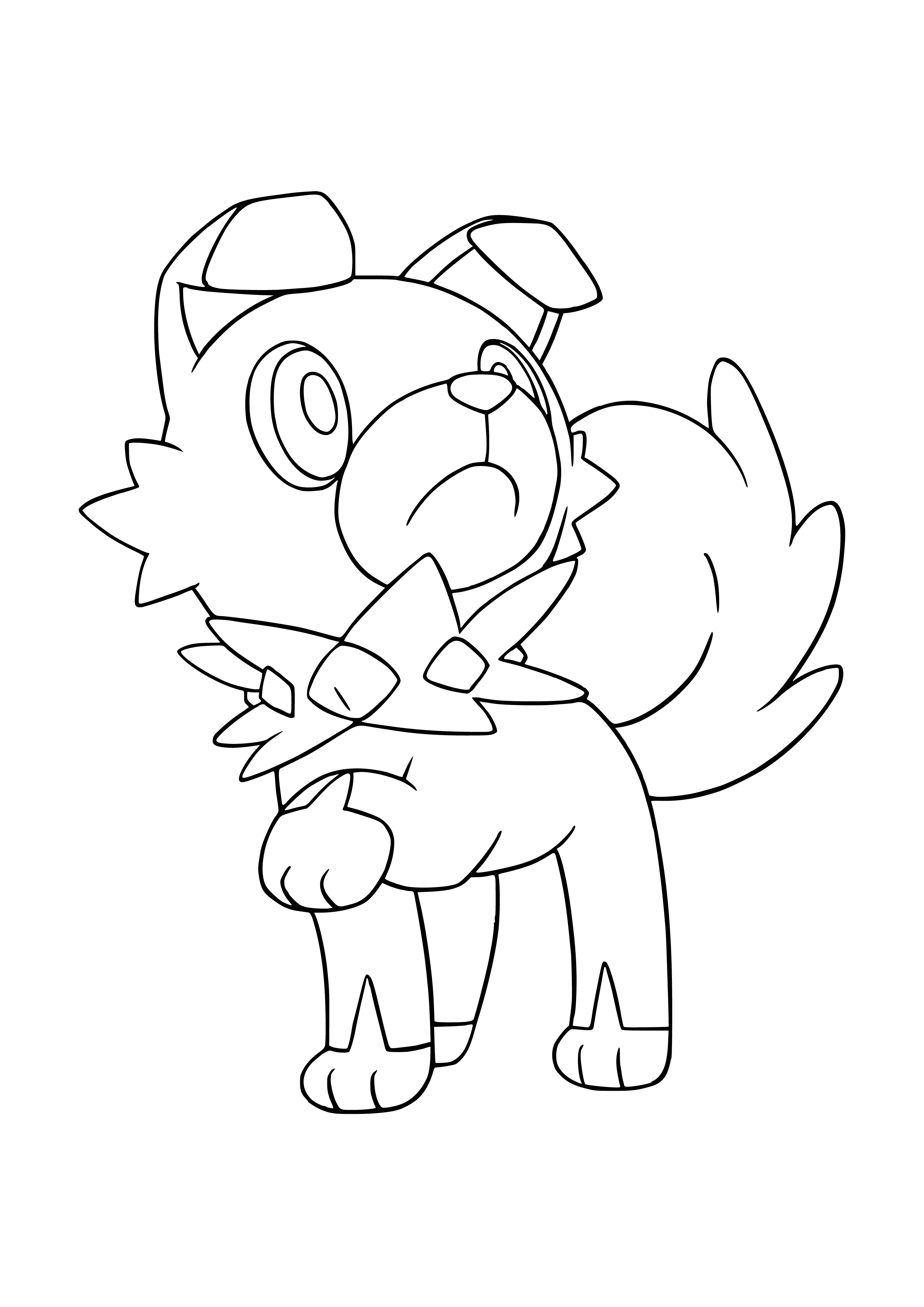 coloring page: Rockruff is a small, brown Pokémon w/ a white belly & brown ruff, two horns, black eyes, nose, ears, & tail.