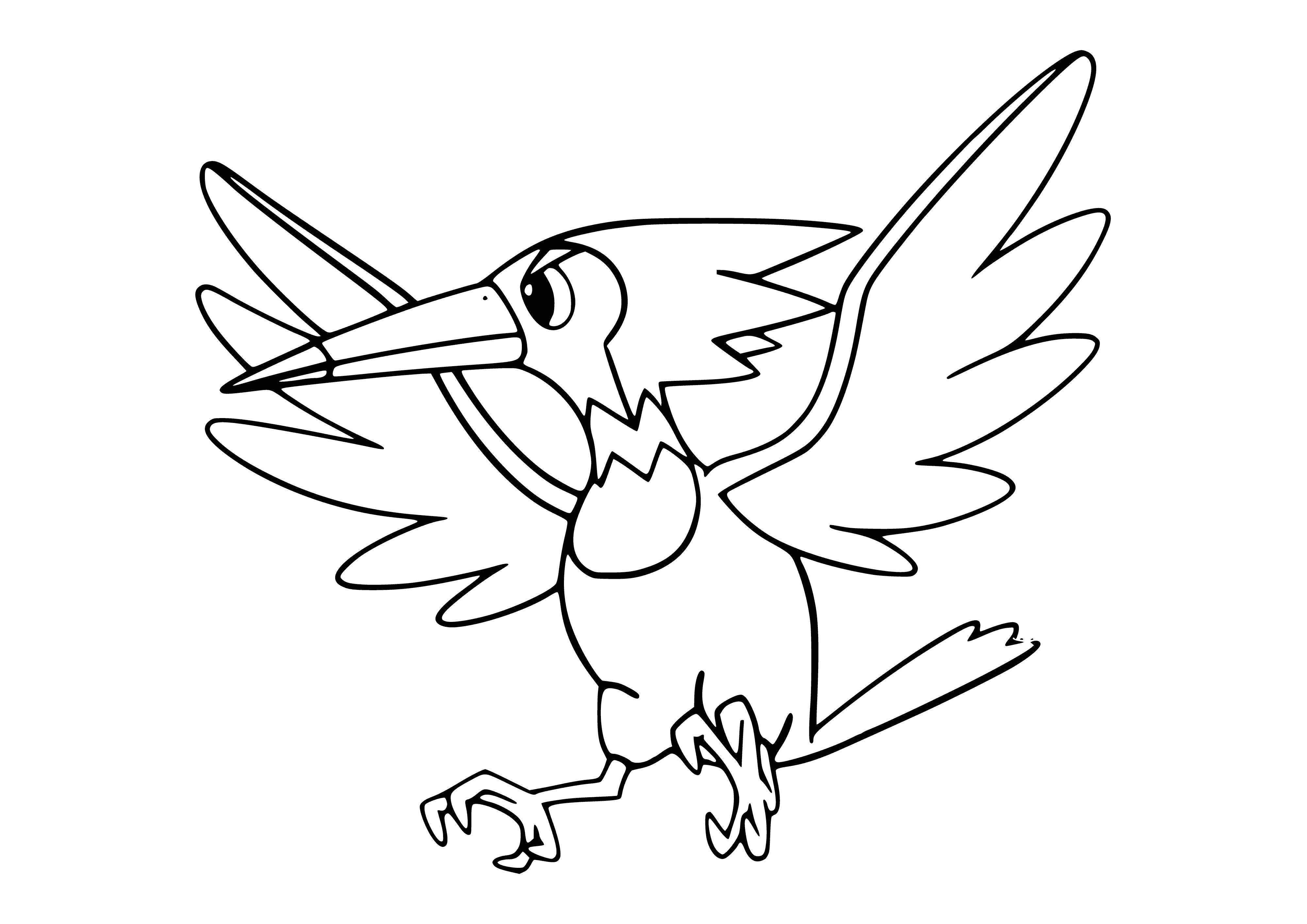 coloring page: Trumbeak is a Normal/Flying type Pokémon. It evolves from Pikipek at level 14 and into Toucannon at level 28. It has a black beak with a red tip, red eyes, two wings and a tail with red tips, and two black feet with red claws.