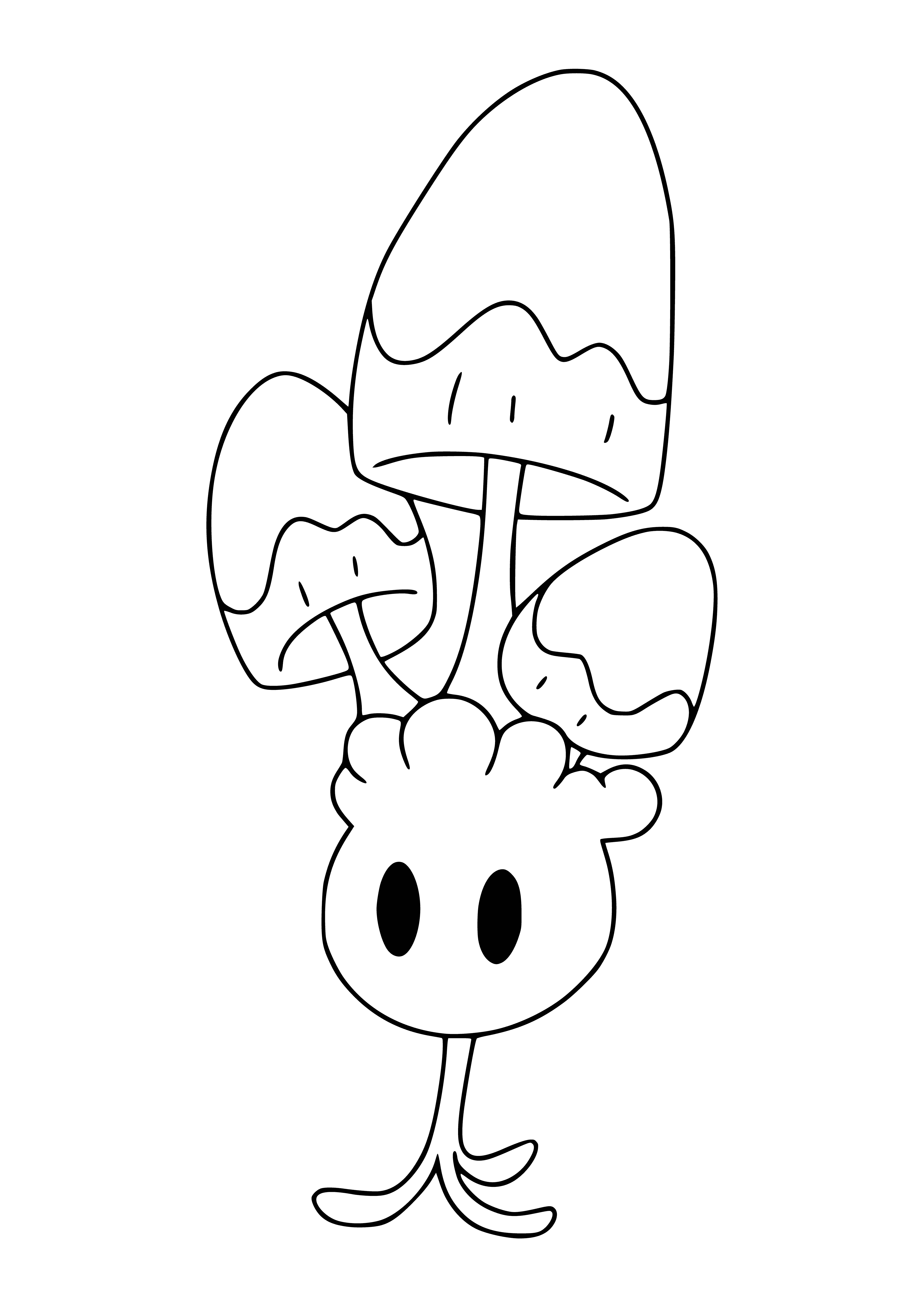 coloring page: Morelull is a small, mushroom-like Pokémon with large eyes, black spots, small arms & legs and a black stem with a white bulb at the end.