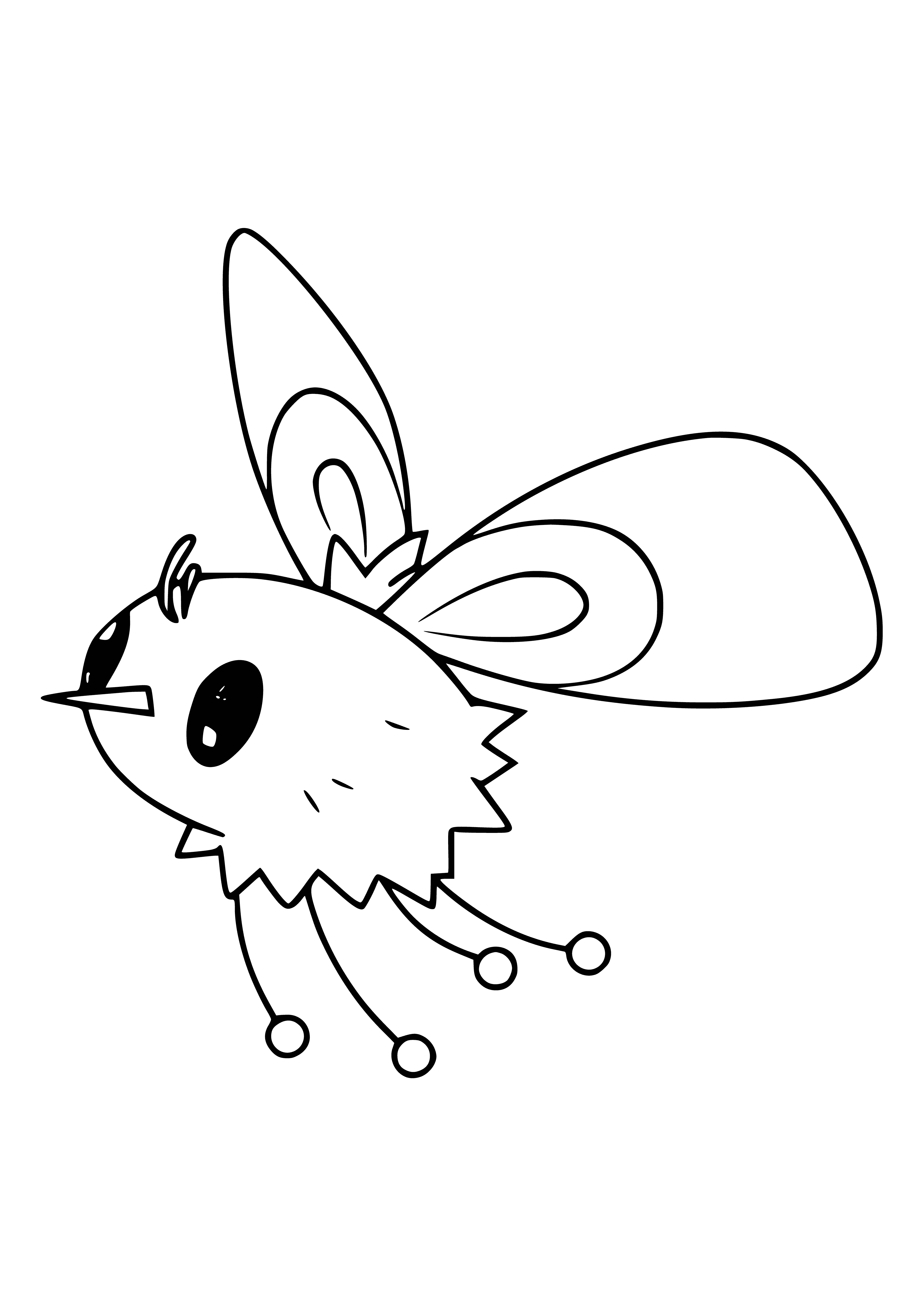 coloring page: Cutiefly is a small, yellow bug-type Pokemon with black and white heart-shaped wings, big black eyes, & black/white striped legs & abdomen.