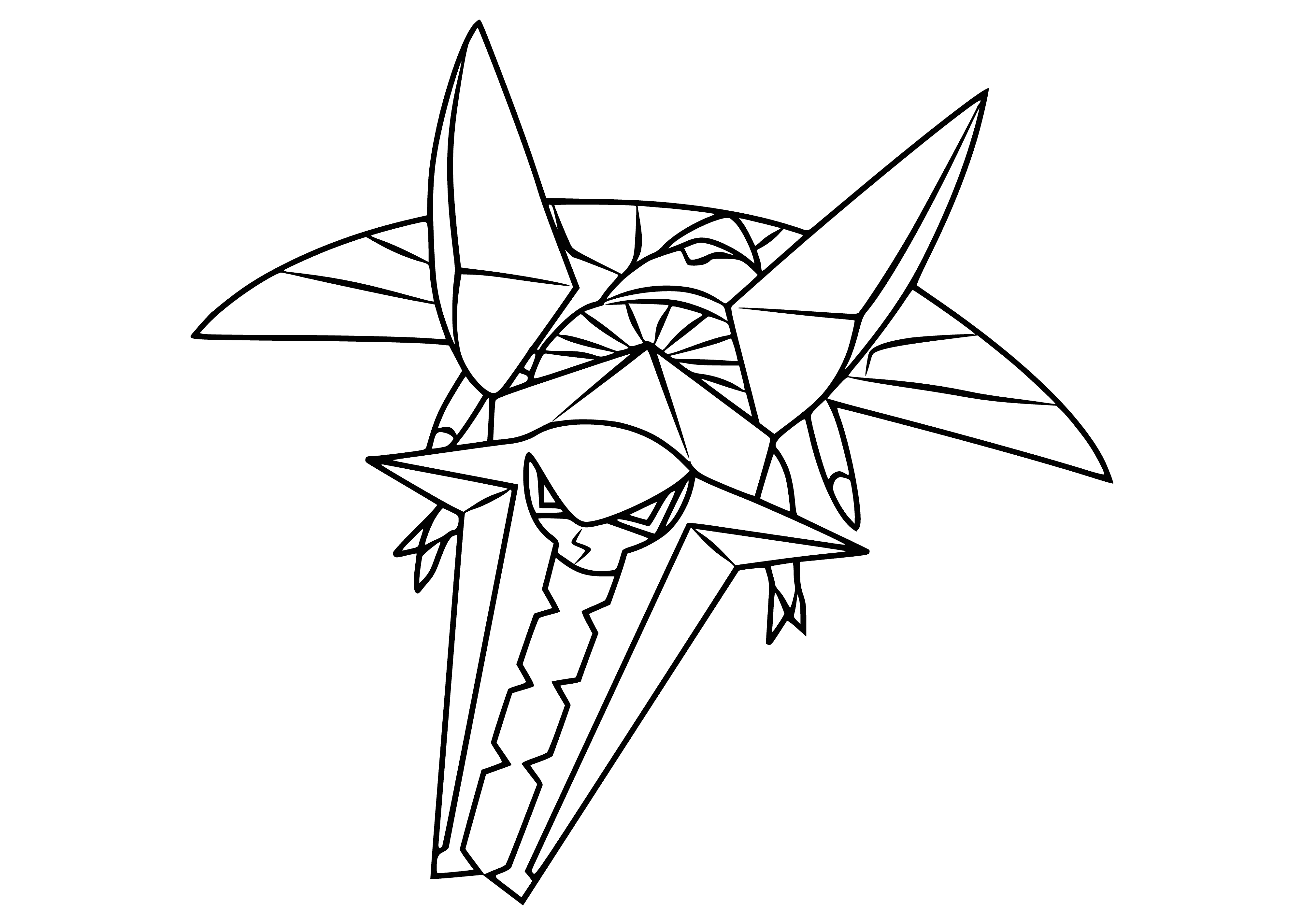 coloring page: Pokémon Vikavolt is a large, beetle-like Pokémon with four wings and two big pincers. It can fire electrical beams, levitate using its wings energy & evolves from Charjabug.