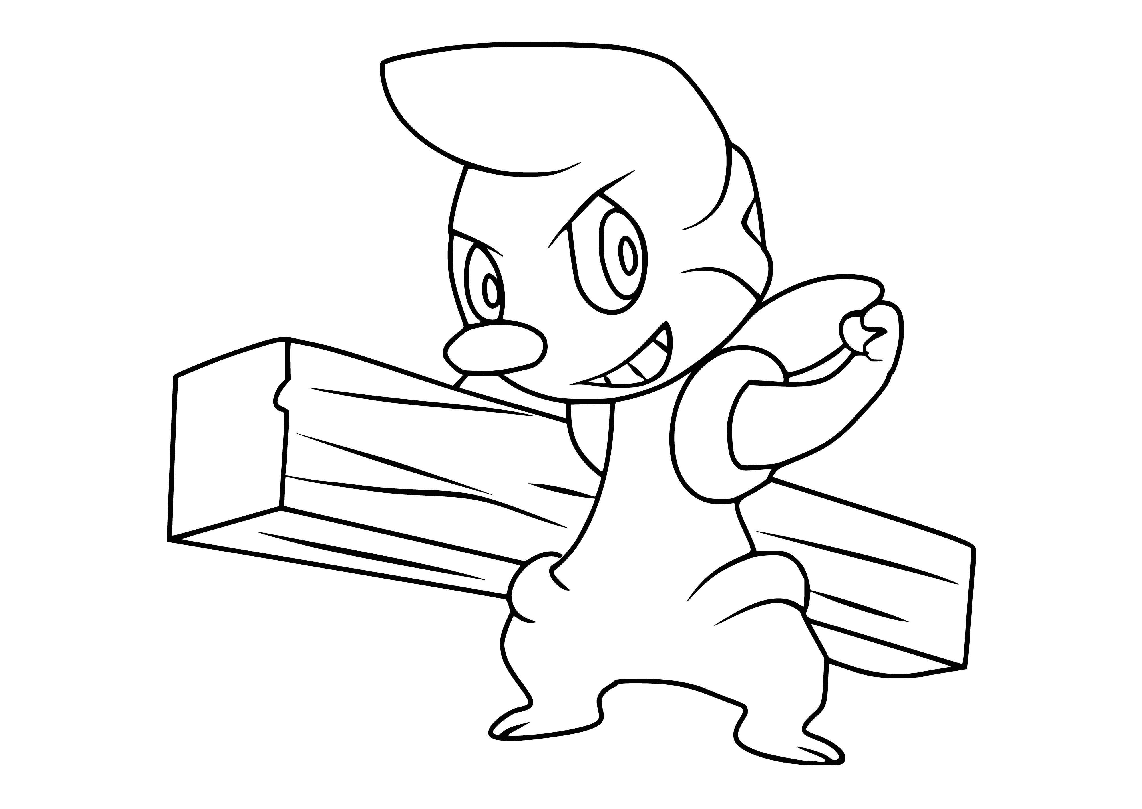 coloring page: Small blue-gray Pokemon with red nose and cheeks, two eyes, two spots on back, 3-fingered hands, black feet and short black tail.