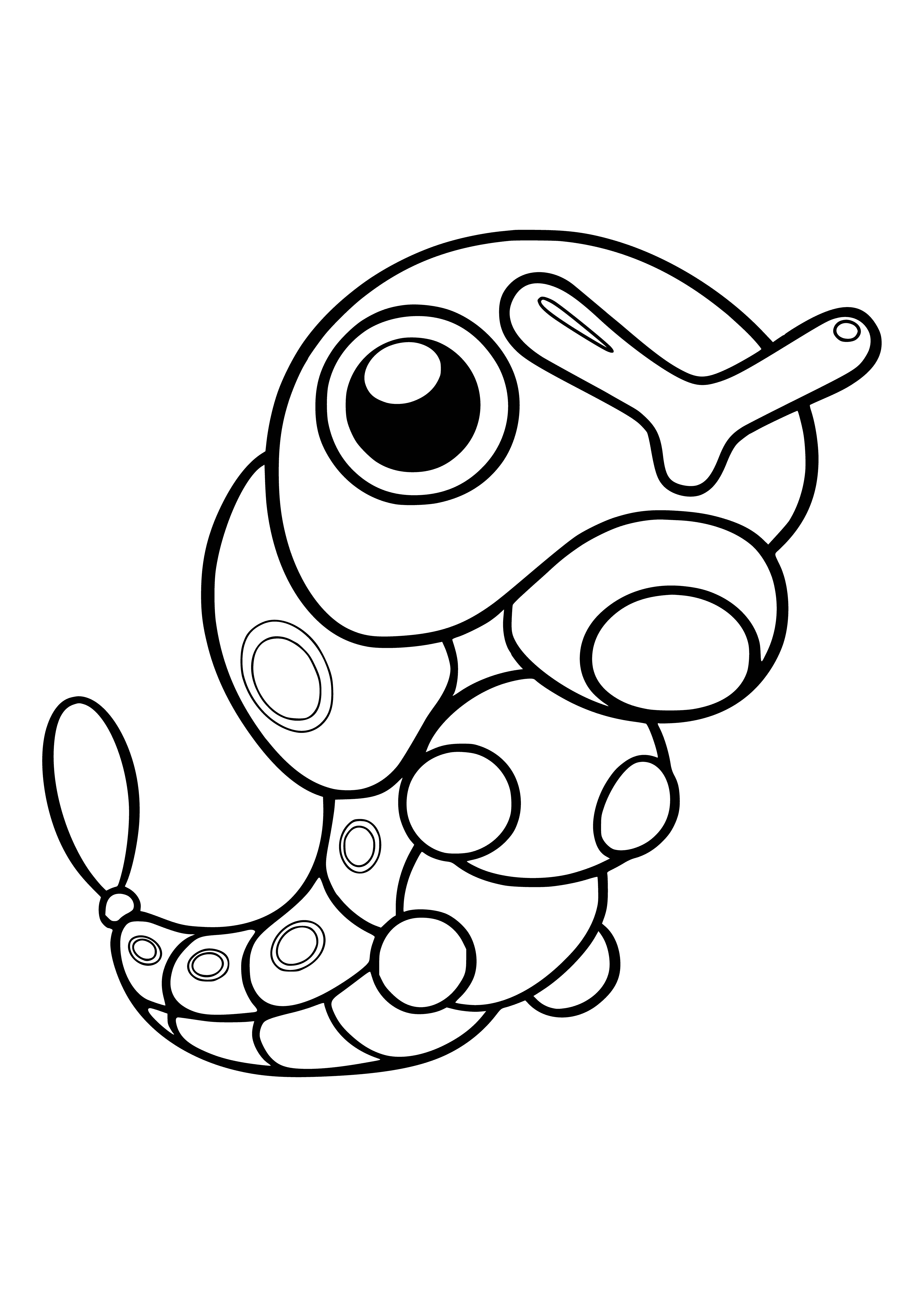 coloring page: Small bug-type Pokémon, Caterpie is mostly green with white spots. Evolves into Metapod. Has two feelers, six legs, segmented body & small black tail.