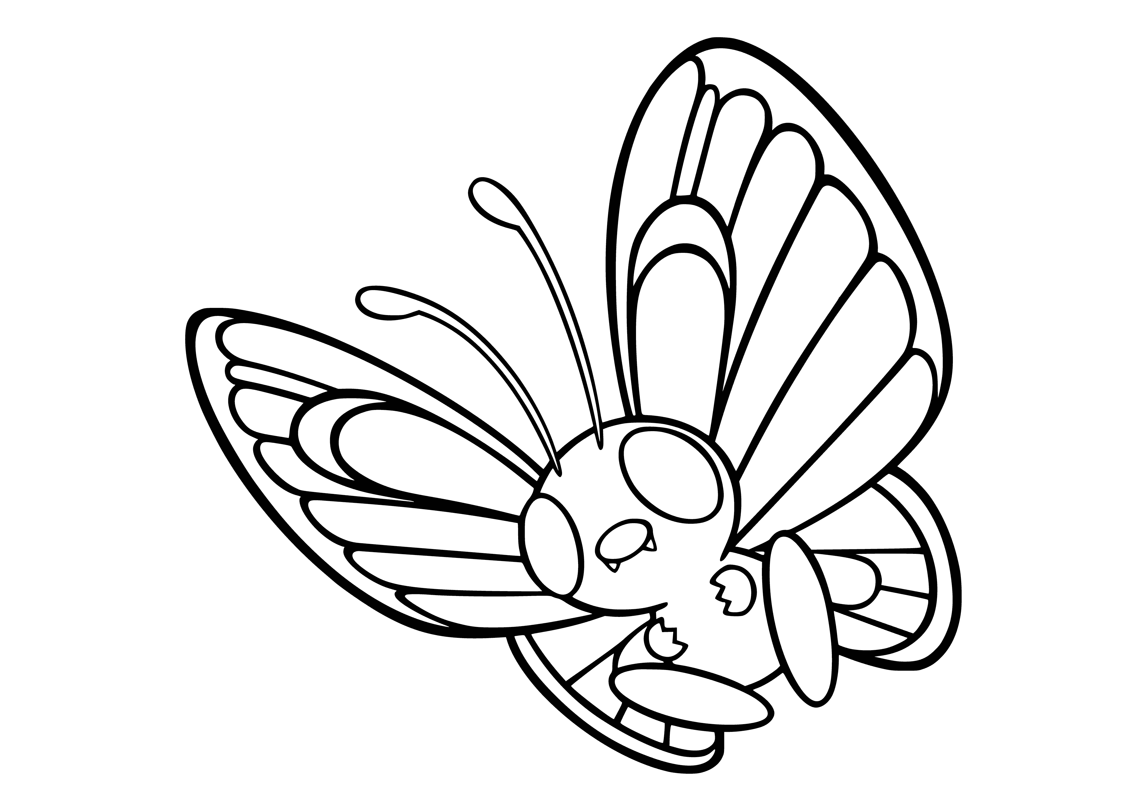 coloring page: Large blue Pokémon w/ two pairs of white wings, black spots, yellow head & black stripes on abdomen. Small black eyes & two white fangs.